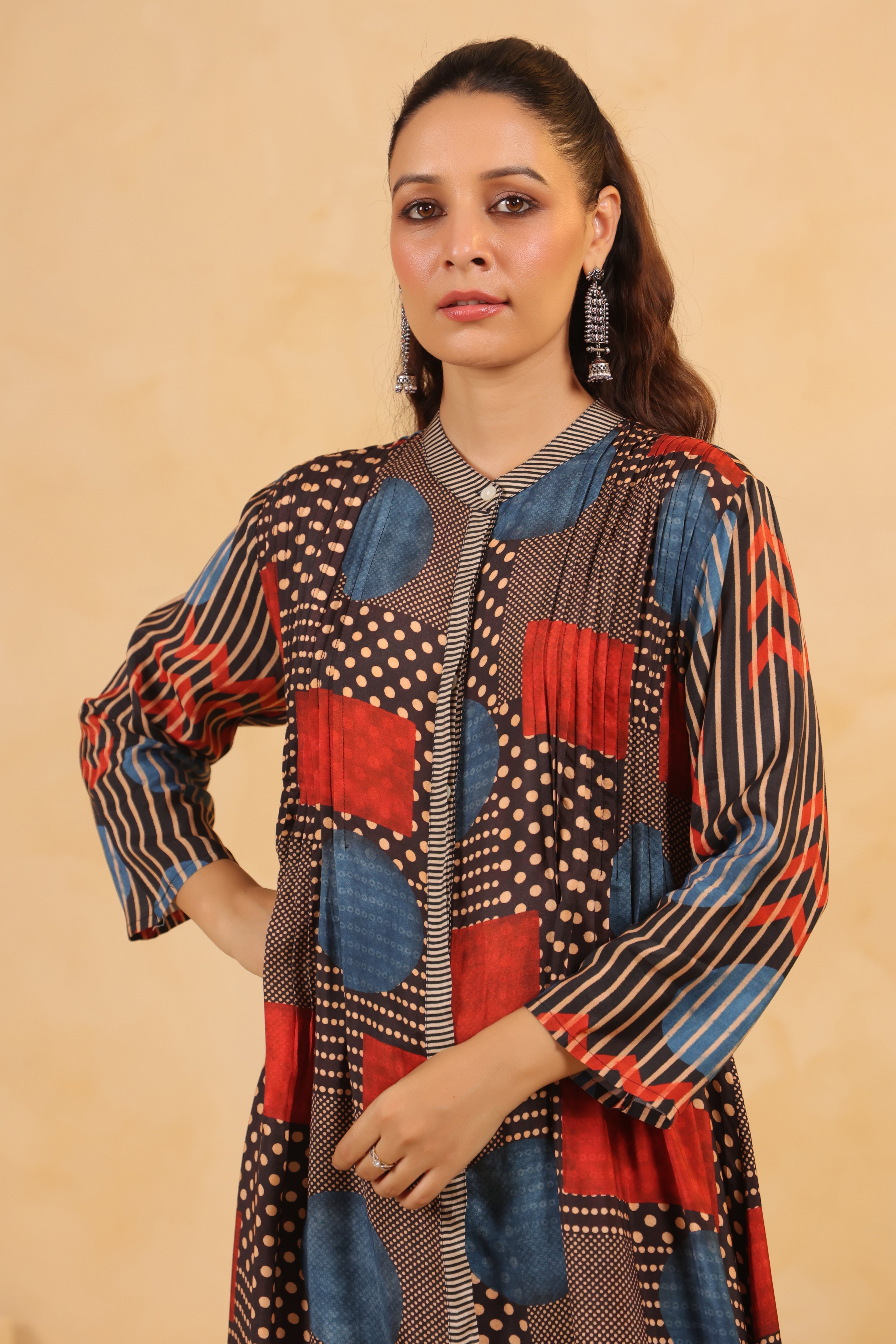 Multi Color Geometric Print Crepe Silk Kurta Set