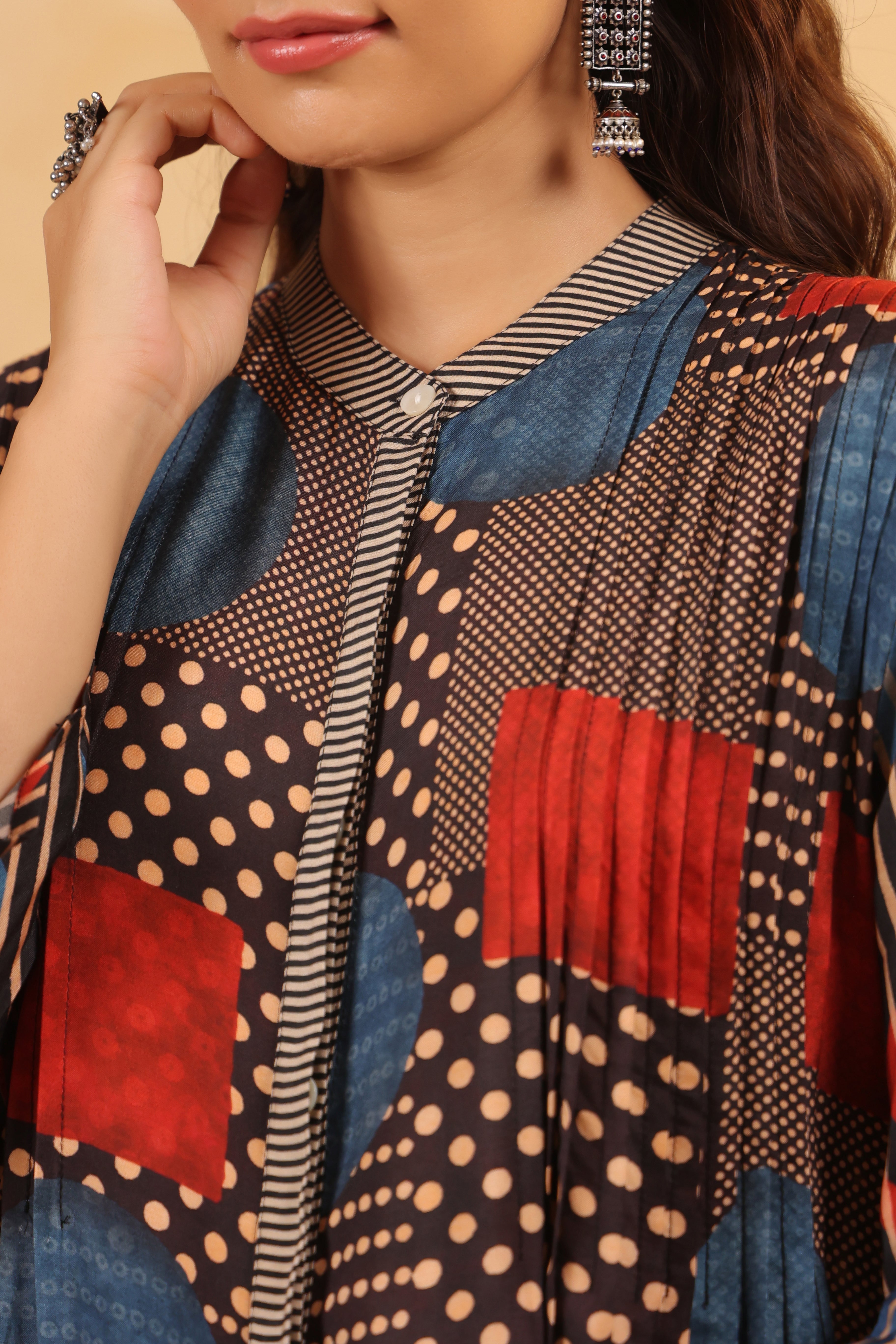 Multi Color Geometric Print Crepe Silk Kurta Set
