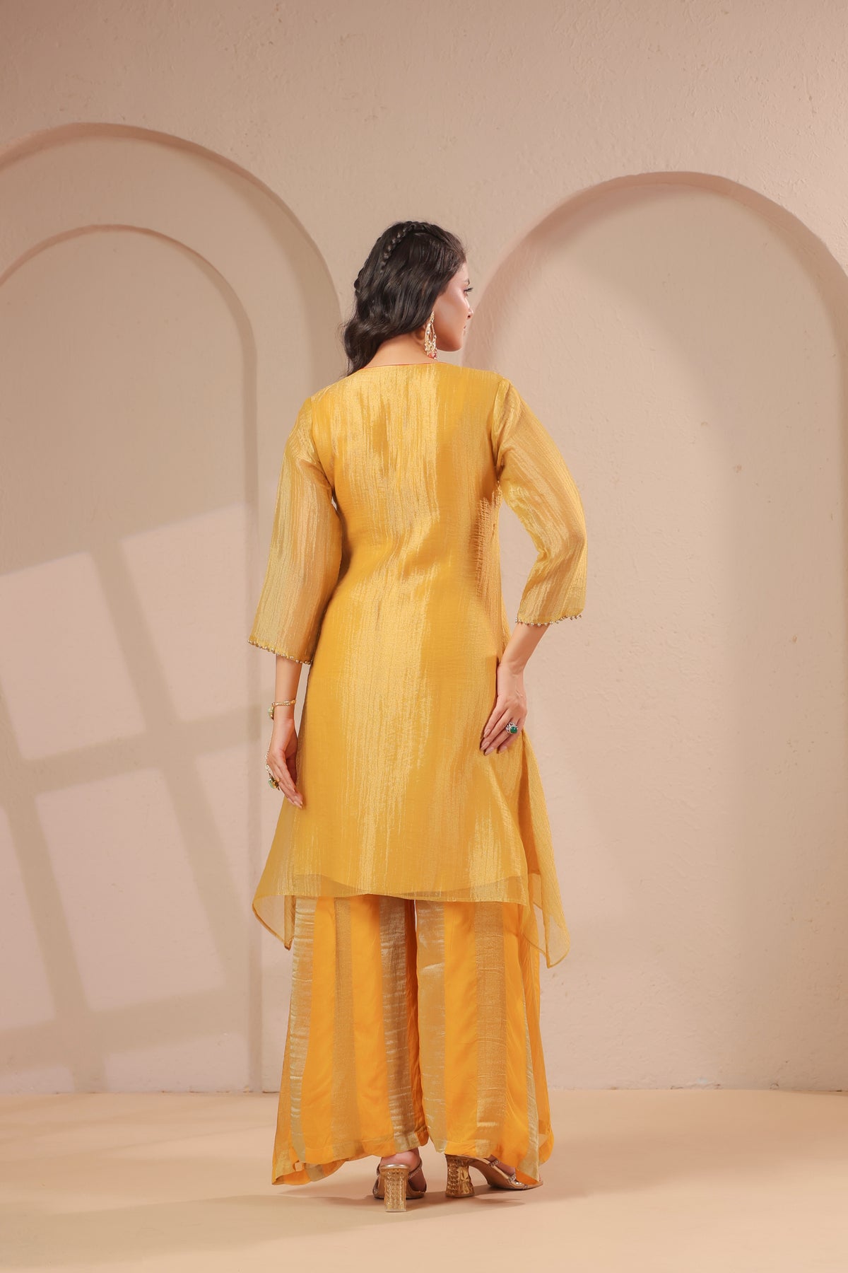 Sun-Gold Embellished Organza Silk Palazzo Set