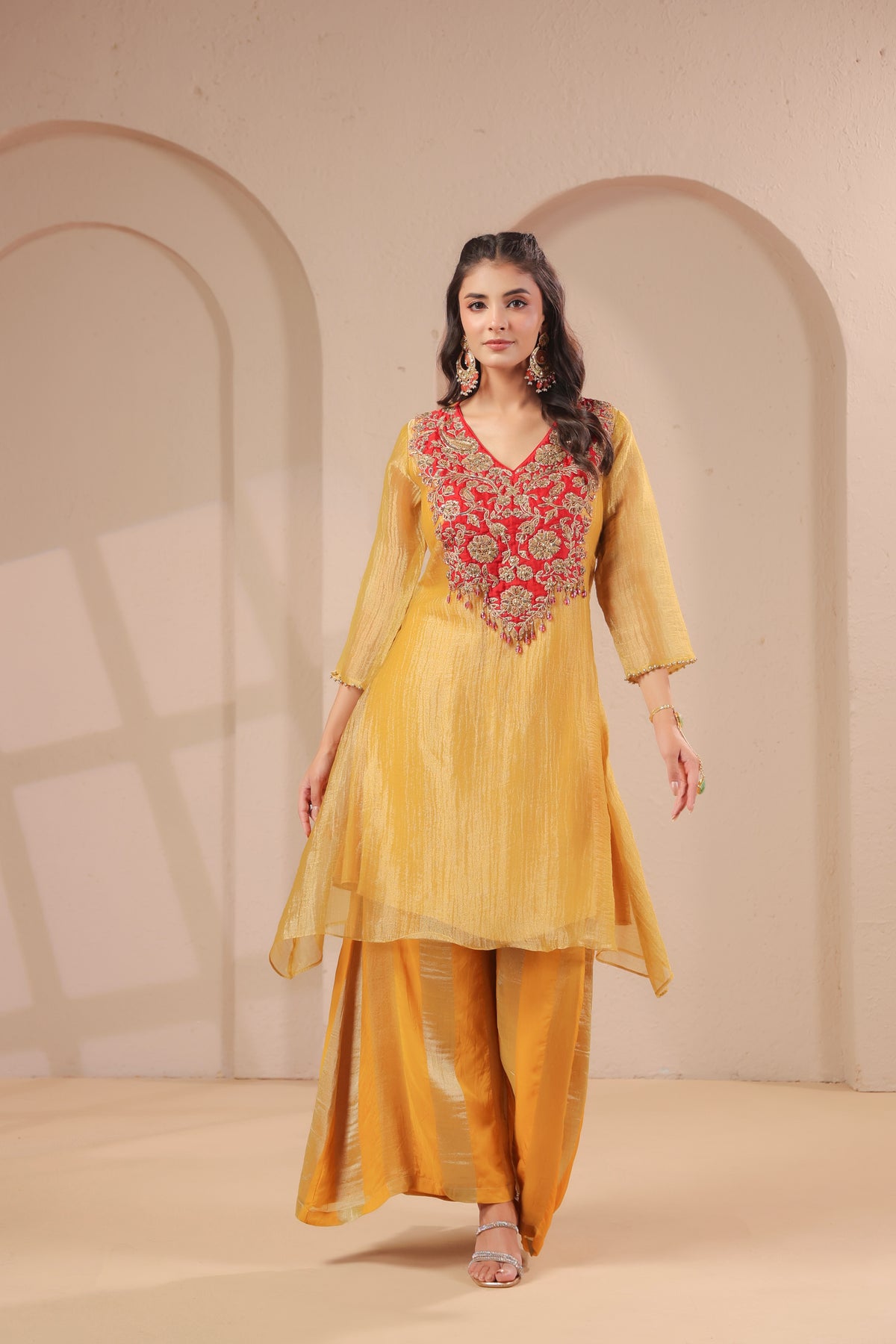 Sun-Gold Embellished Organza Silk Palazzo Set