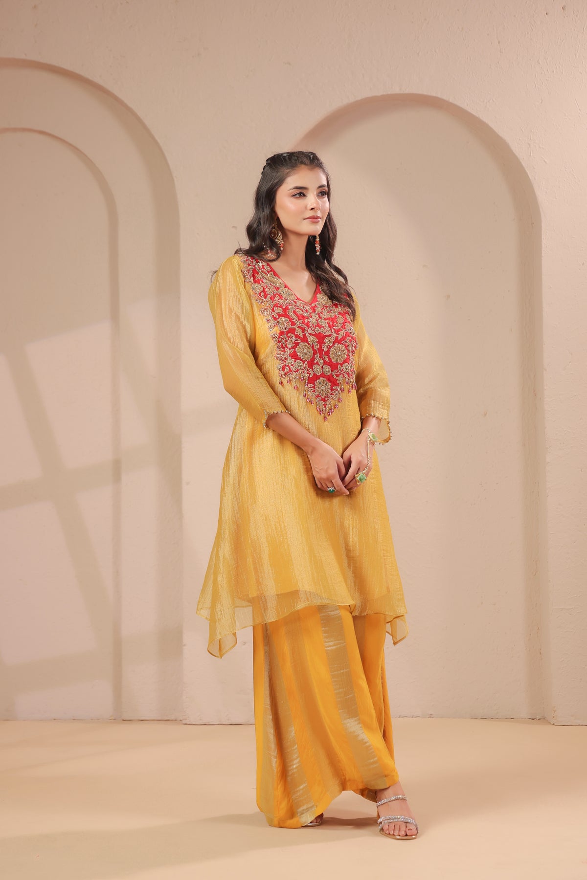 Sun-Gold Embellished Organza Silk Palazzo Set