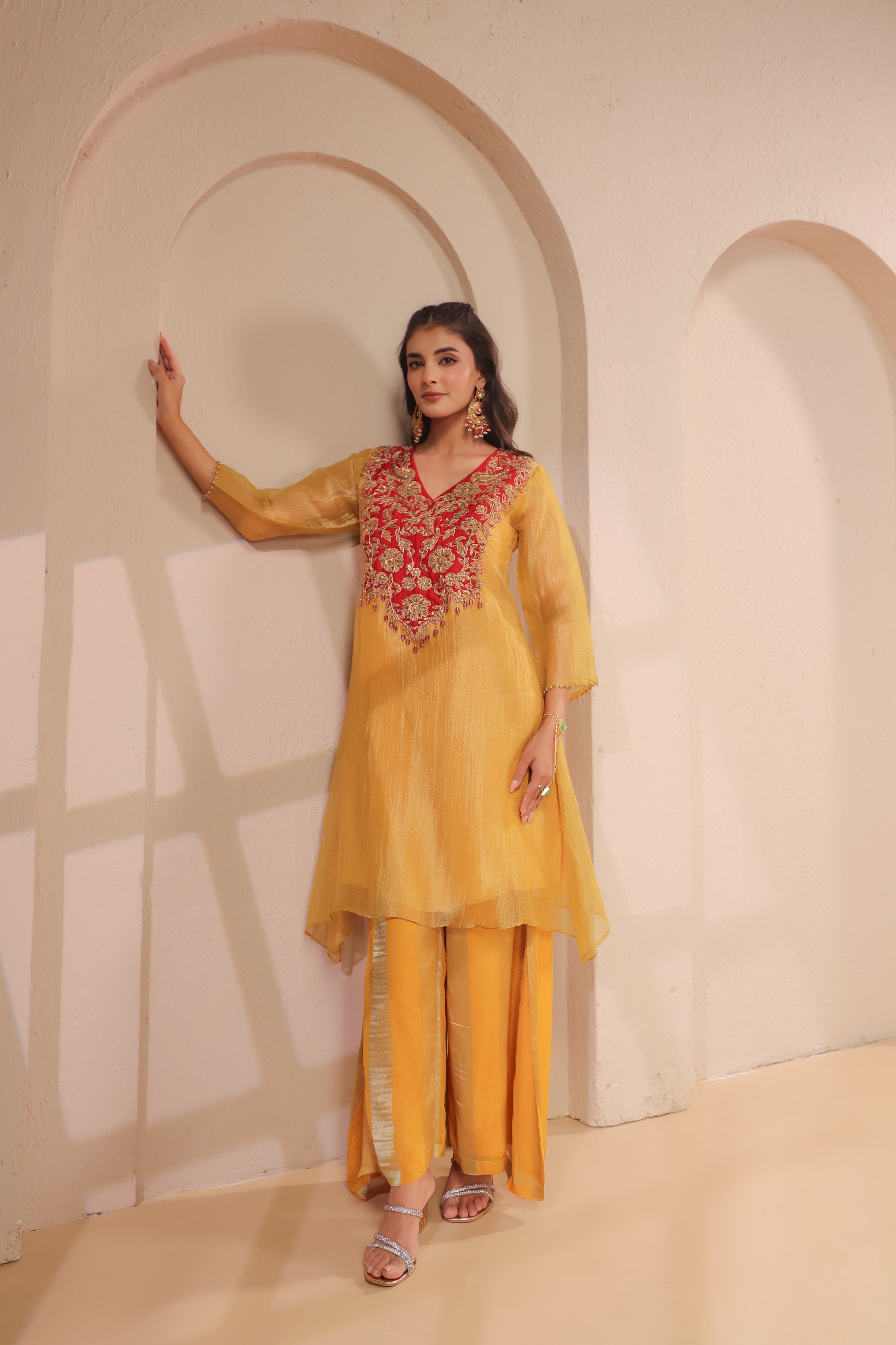 Sun-Gold Embellished Organza Silk Palazzo Set