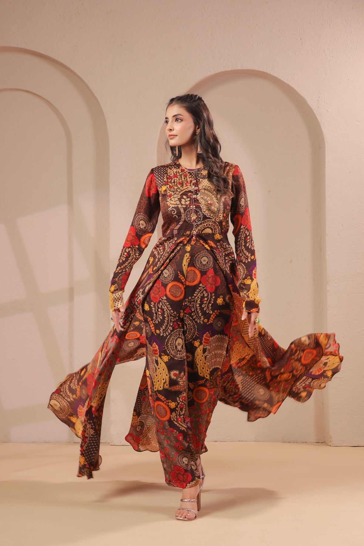 Earthy Brown Embellished Satin Silk Co-Ord Set