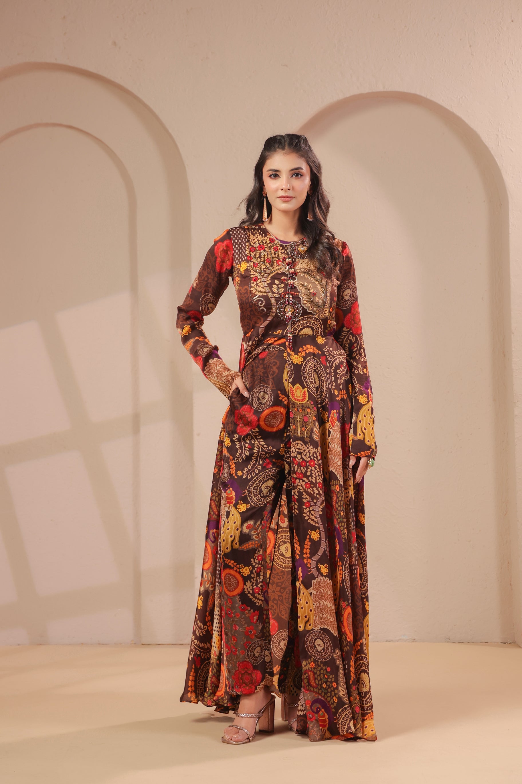 Earthy Brown Embellished Satin Silk Co-Ord Set