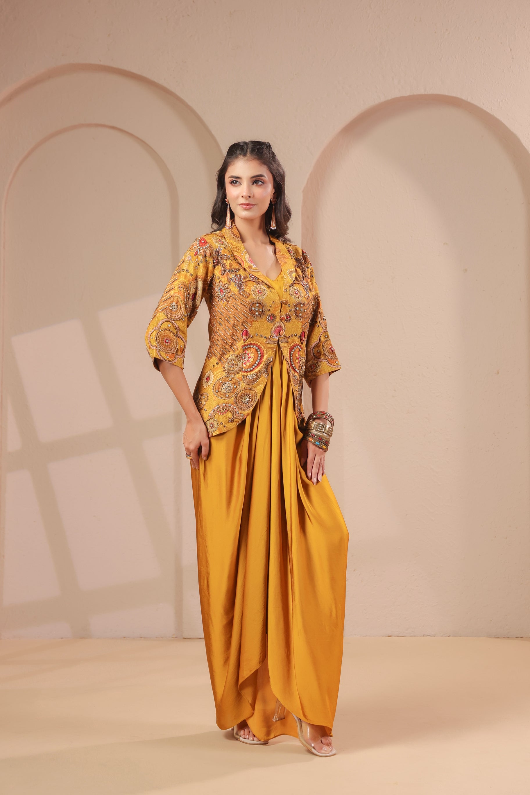Golden Ochre Embellished Dola Silk Dress