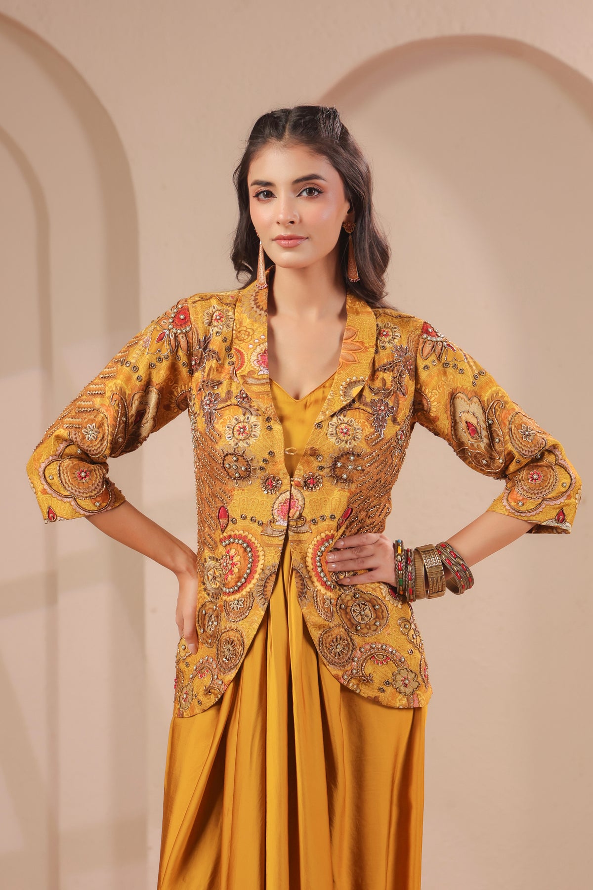 Golden Ochre Embellished Dola Silk Dress