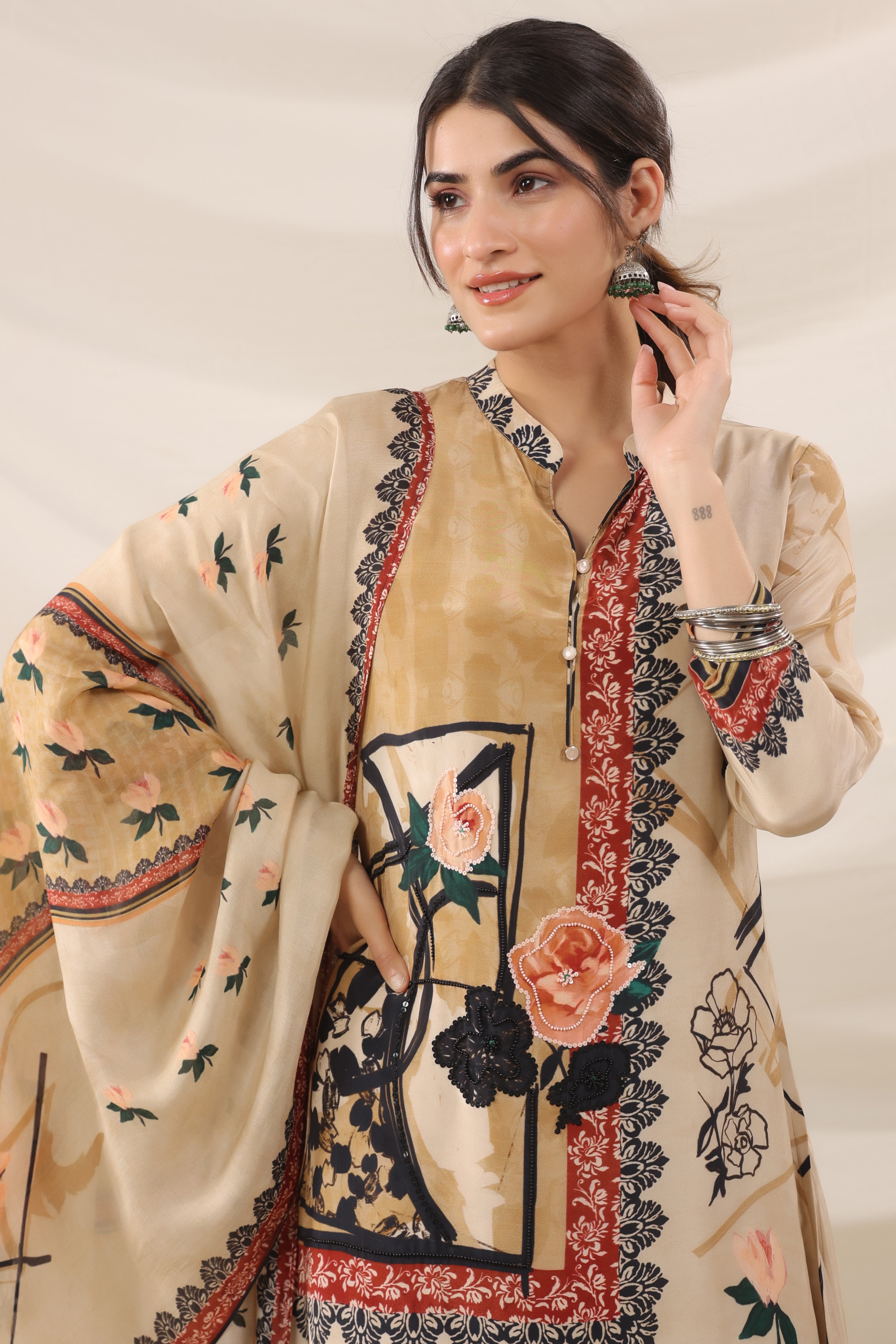 Champagne Floral Printed Crepe Silk Kurta Pants Set