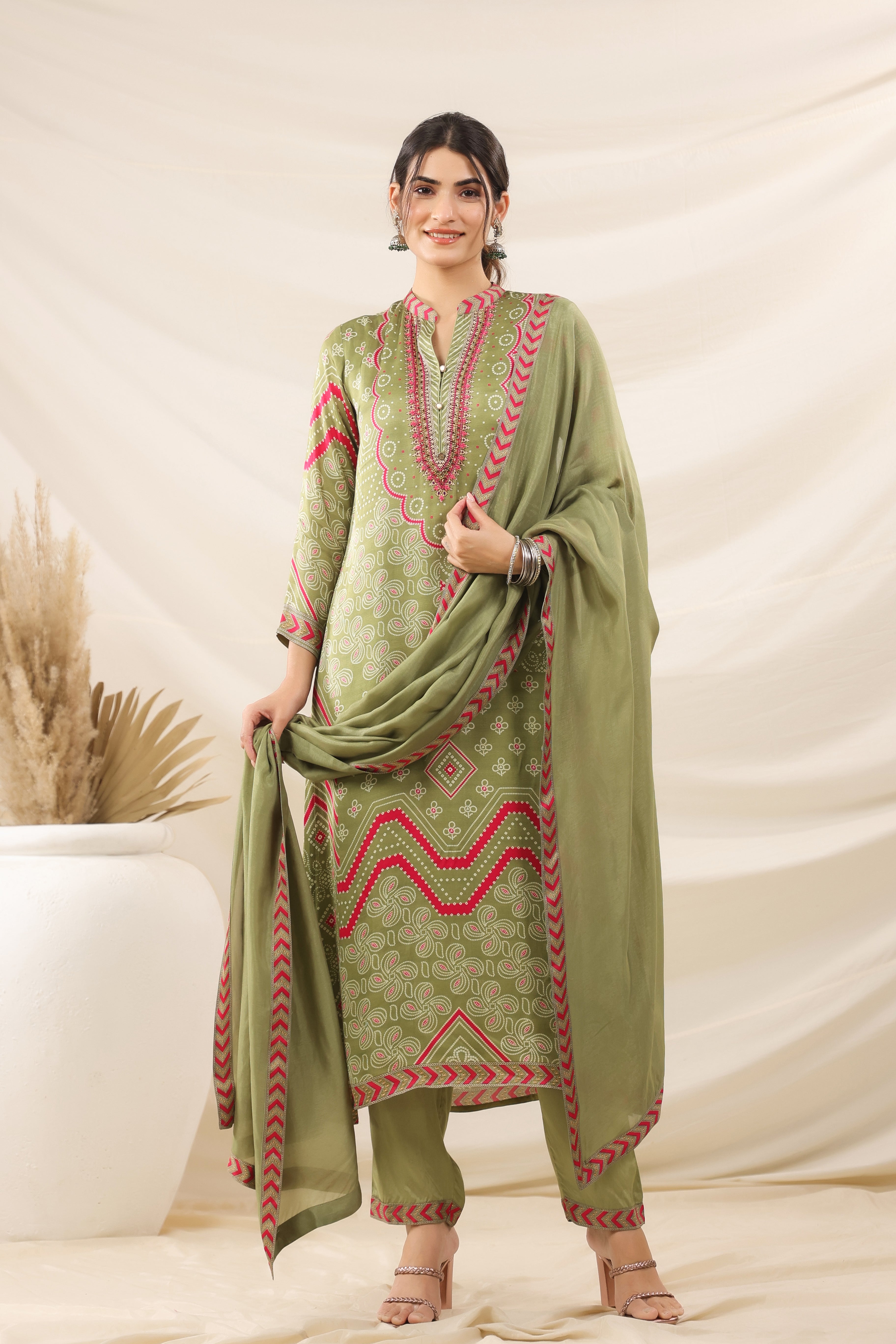 Holy Green Bandhani Printed Satin Silk Kurta Pants Set