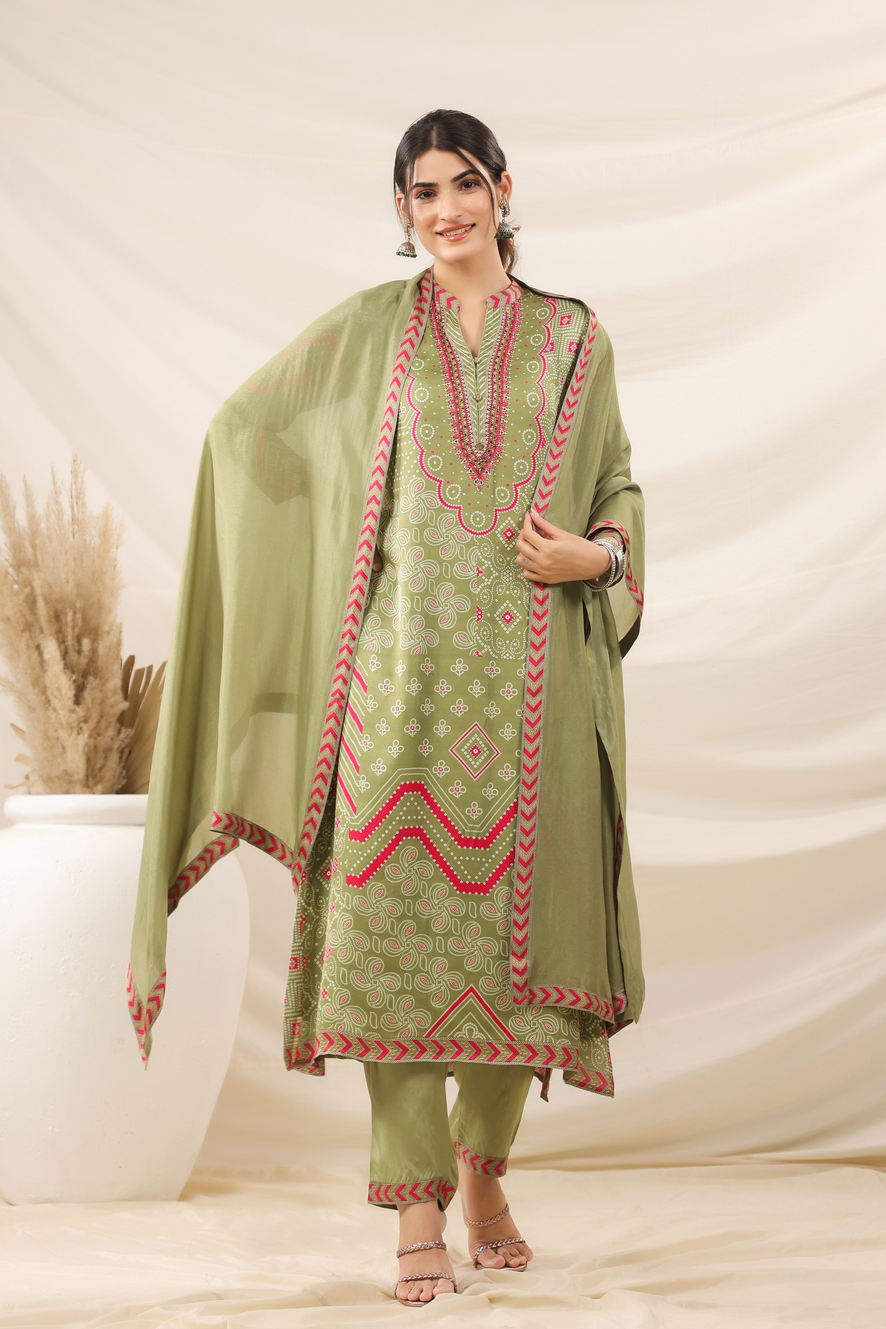 Holy Green Bandhani Printed Satin Silk Kurta Pants Set