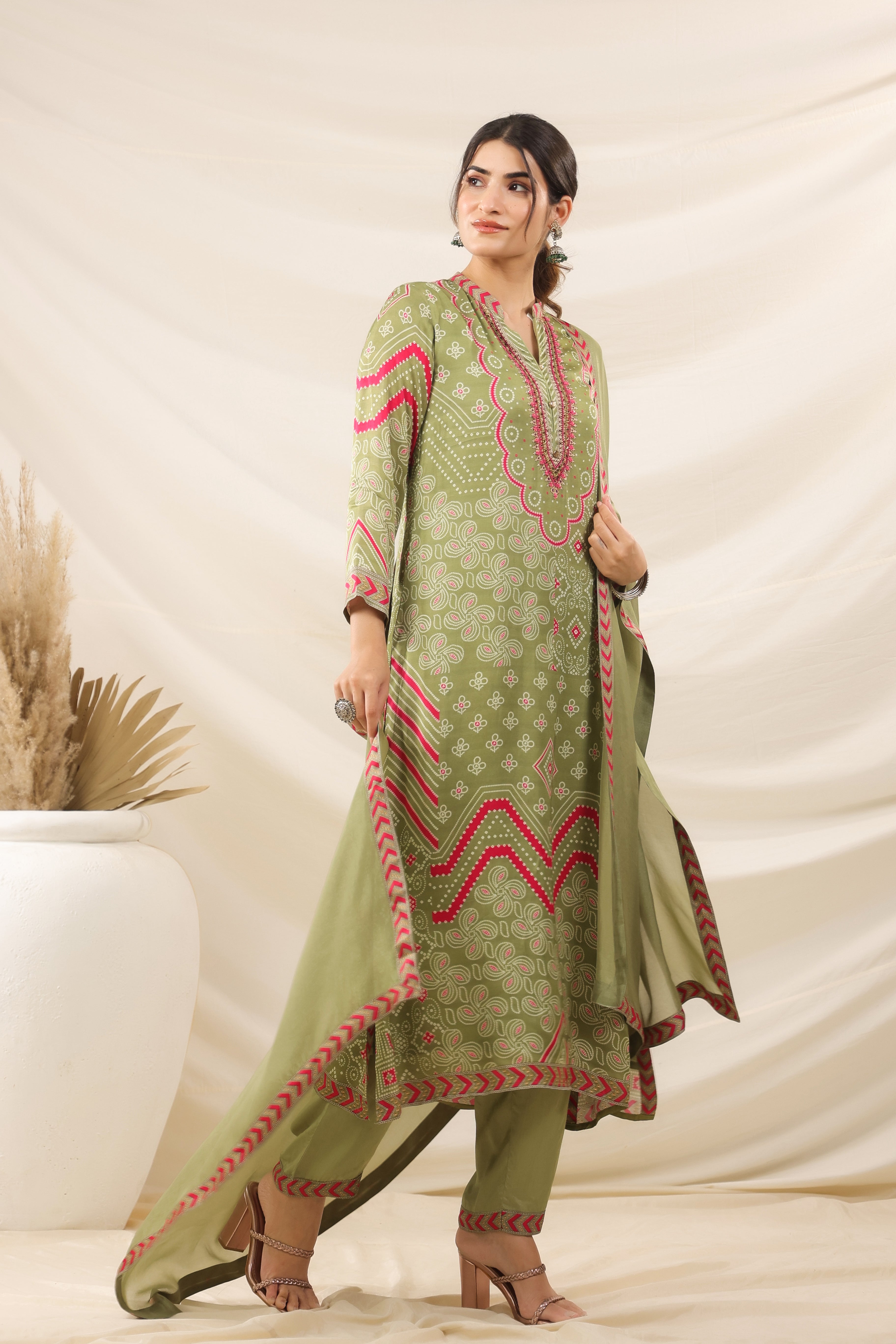 Holy Green Bandhani Printed Satin Silk Kurta Pants Set