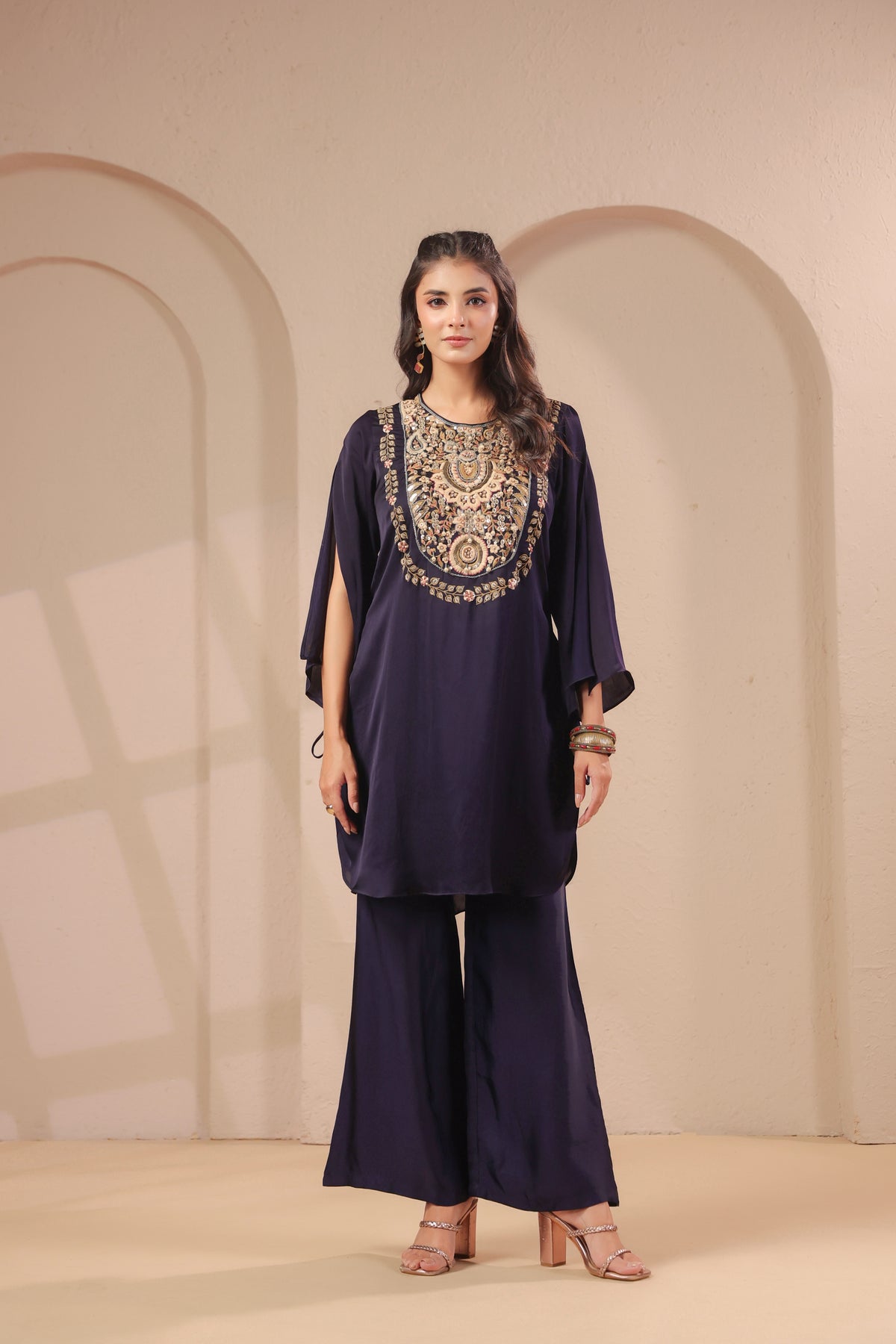 Midnight Navy Embellished Modal Silk Palazzo Set