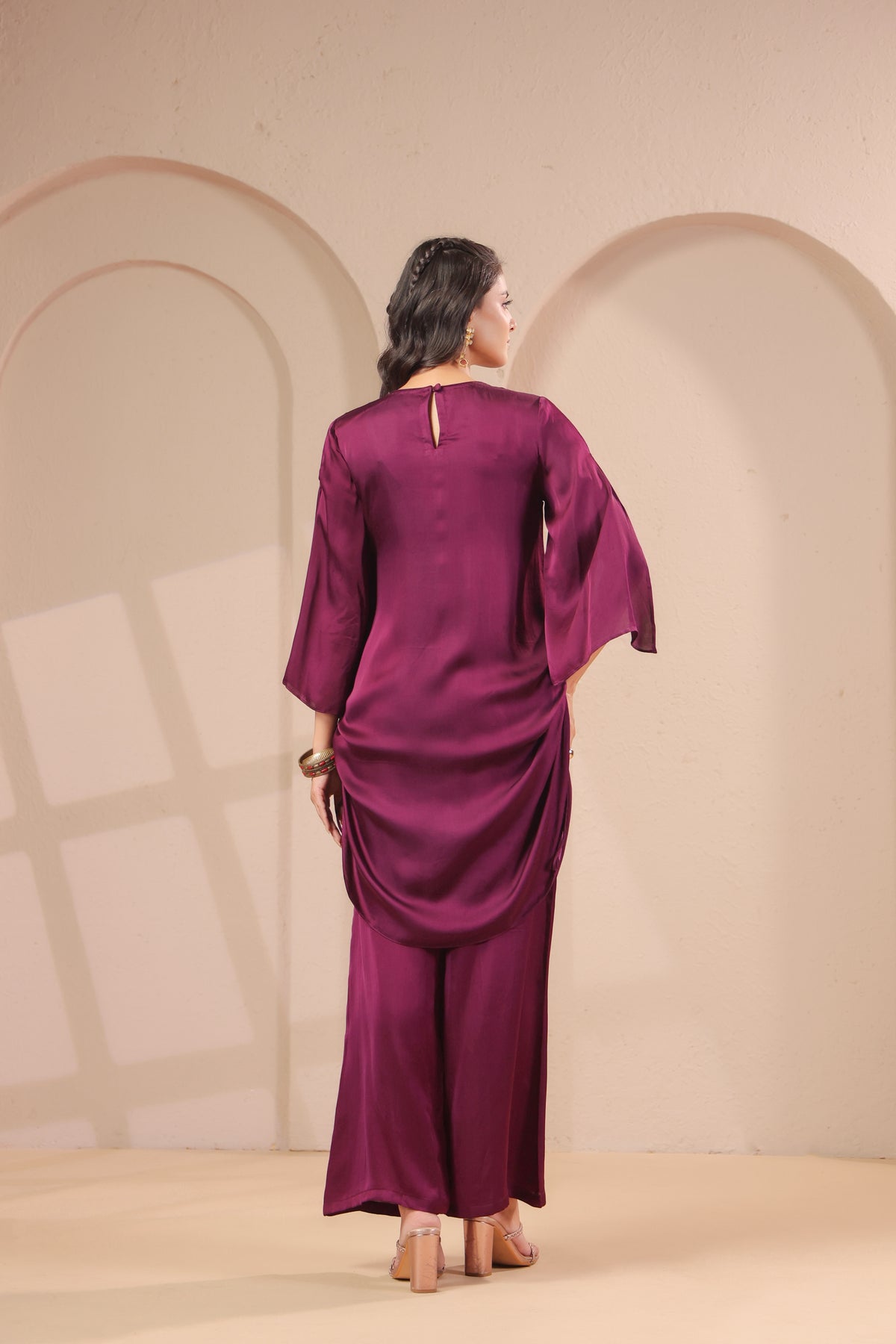 Wine Plum Embellished Modal Silk Palazzo Set