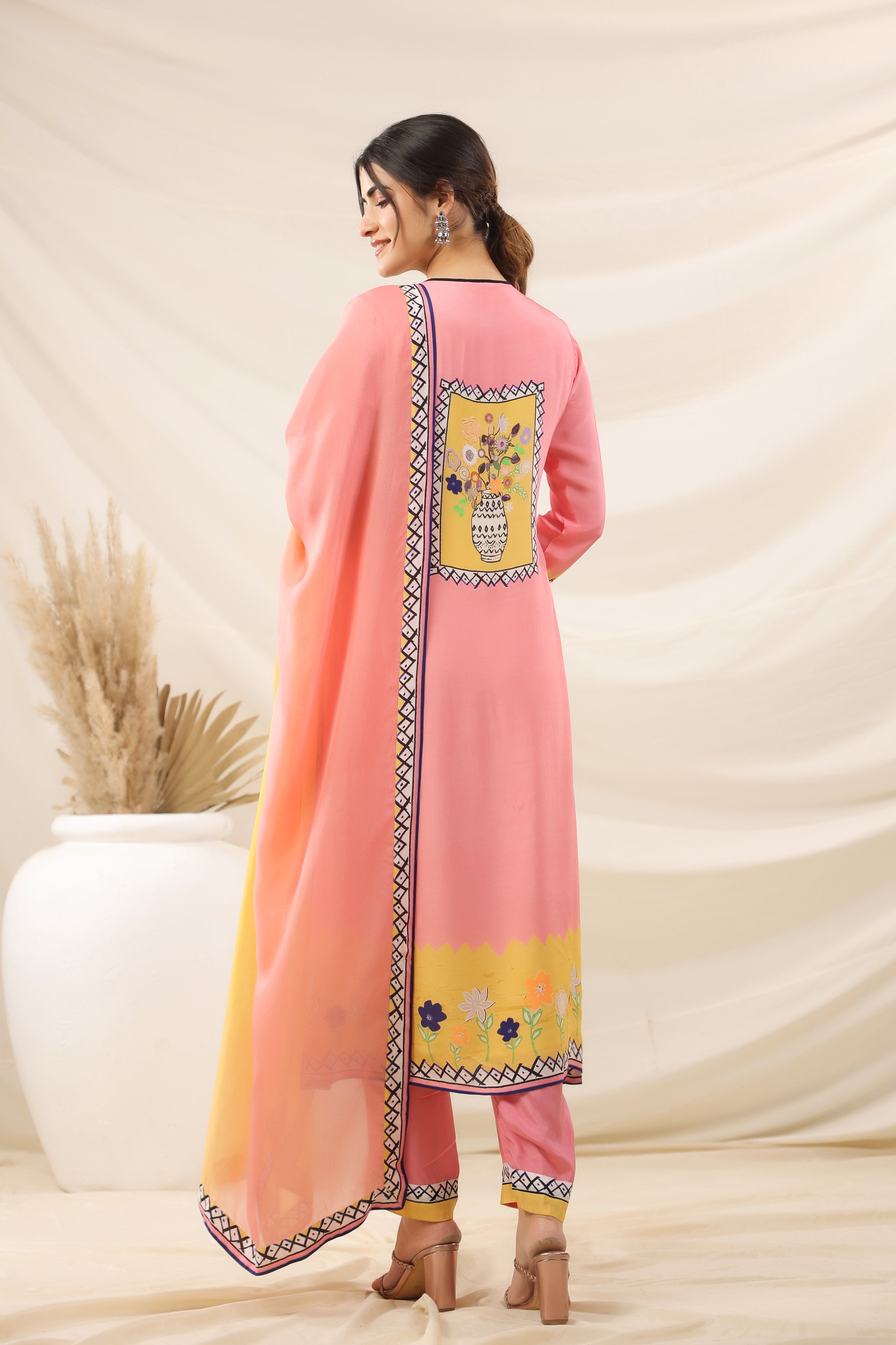 Pink Traditional Printed Georgette Silk Kurta Pants Set