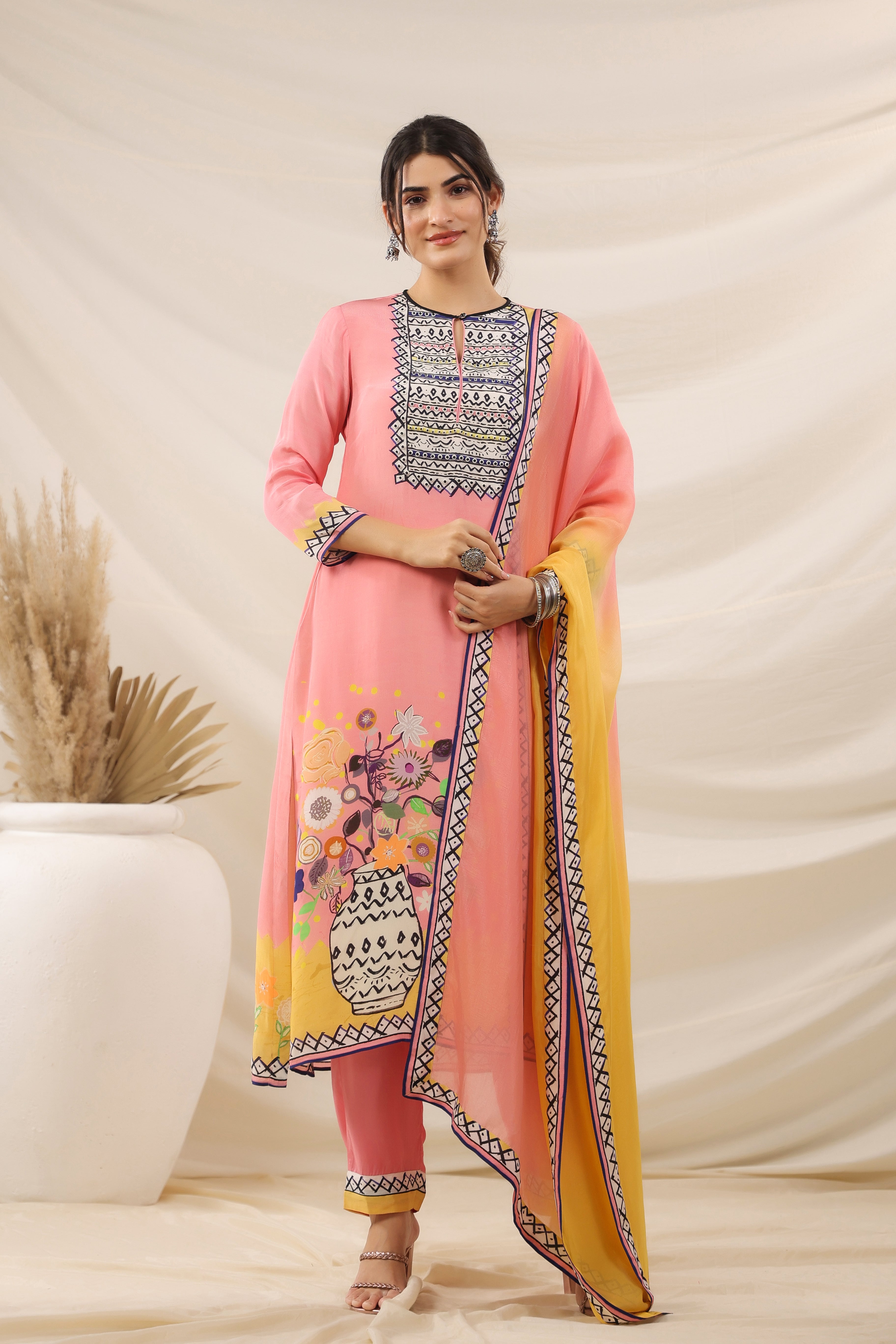 Pink Traditional Printed Georgette Silk Kurta Pants Set