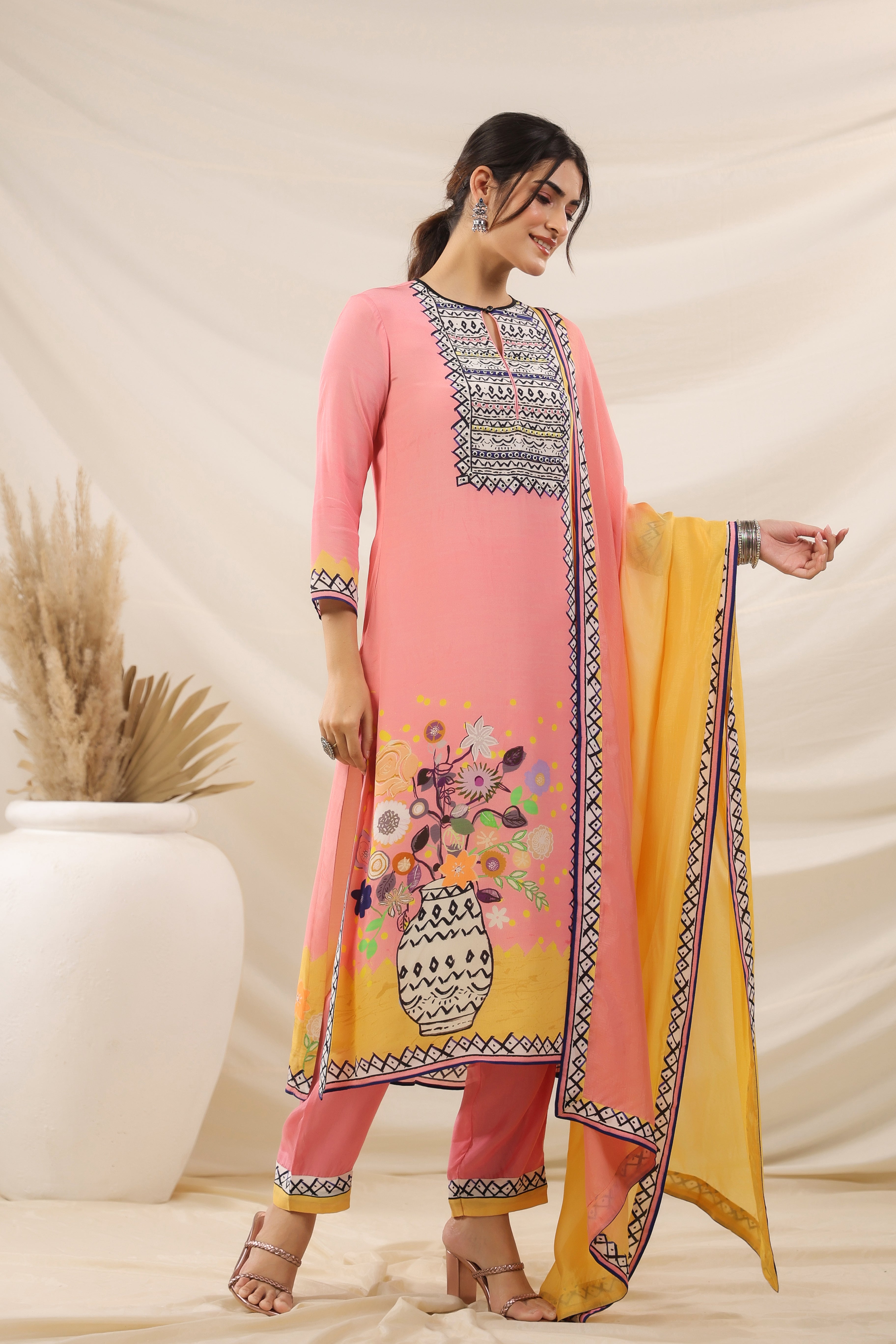 Pink Traditional Printed Georgette Silk Kurta Pants Set