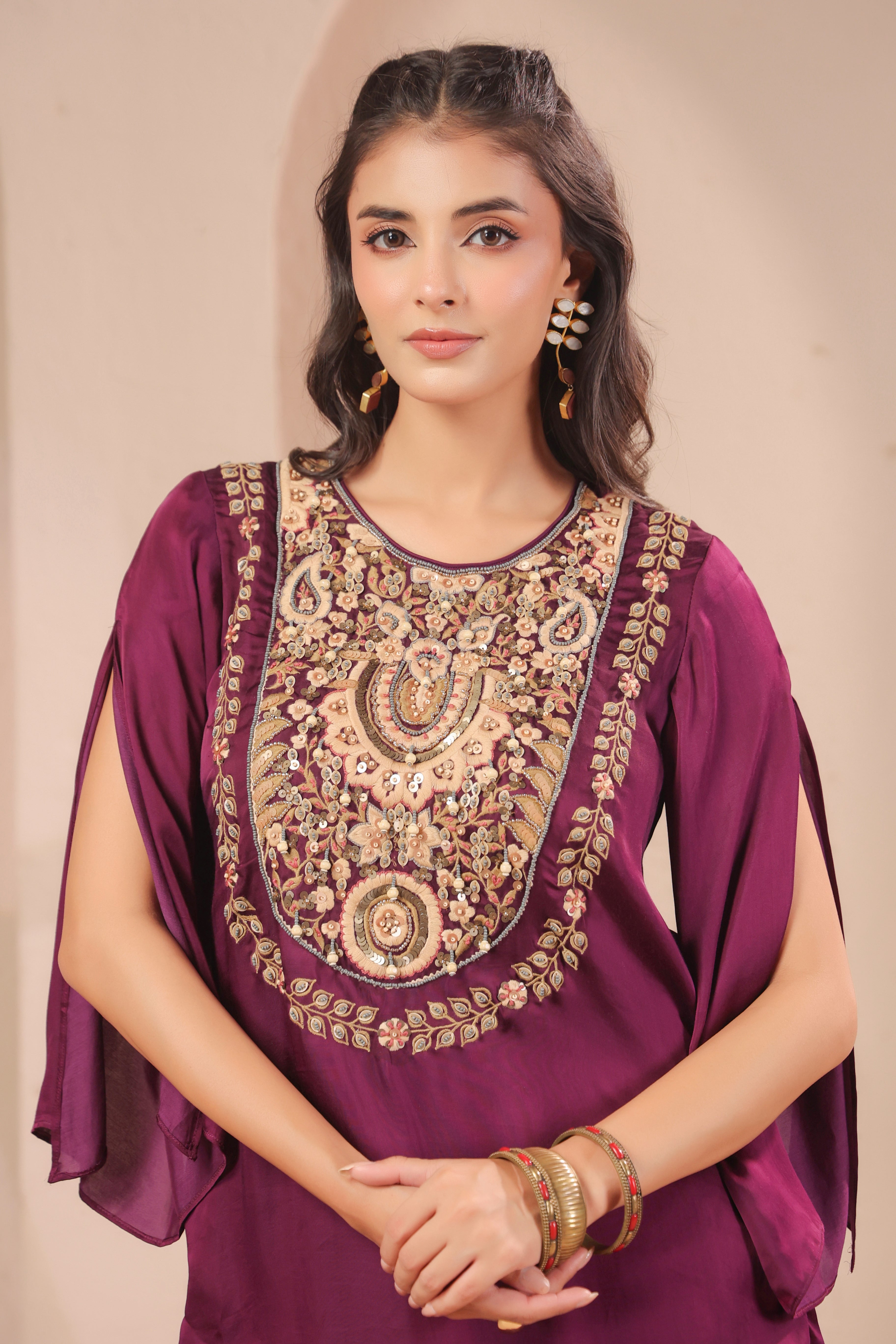Wine Plum Embellished Modal Silk Palazzo Set