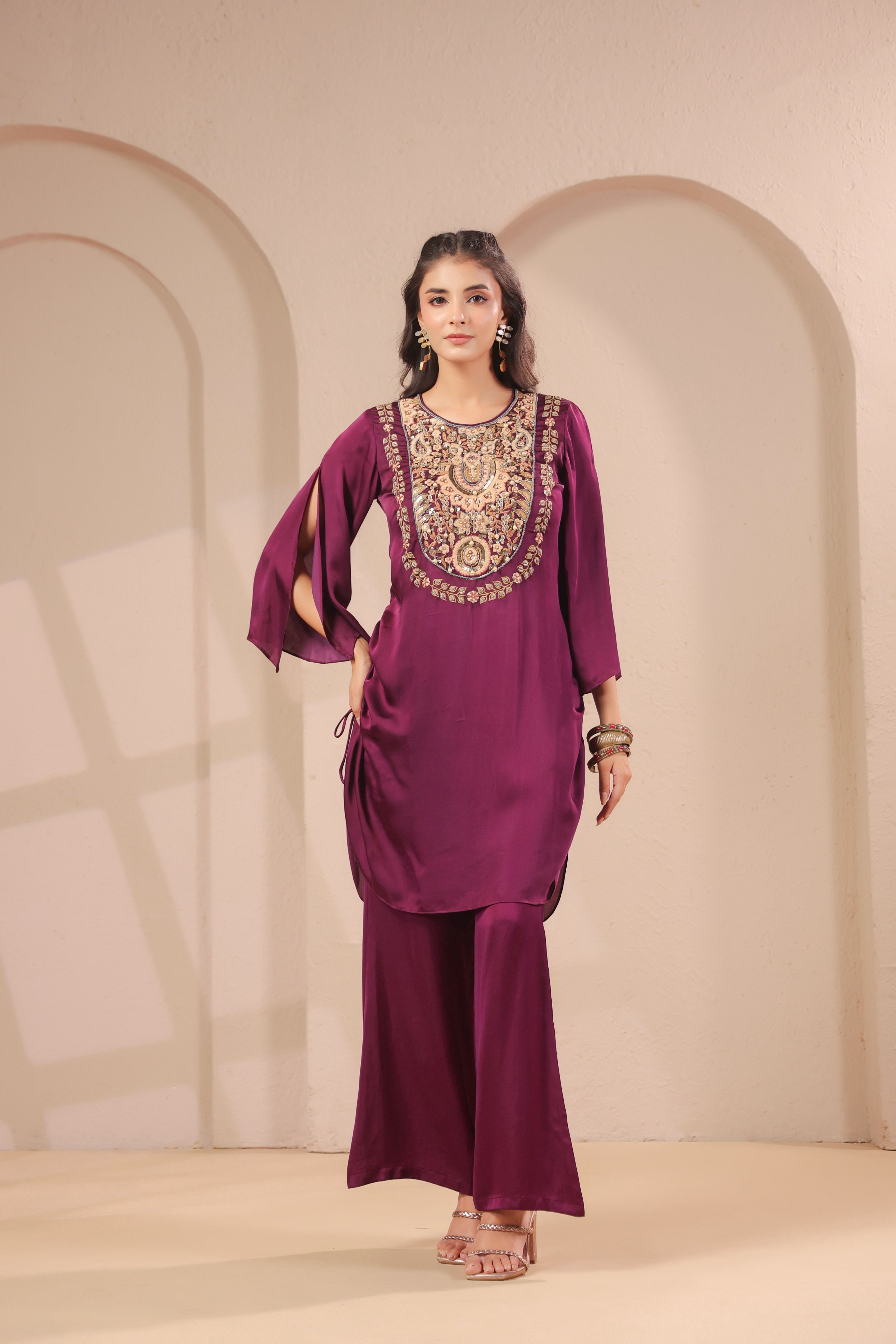 Wine Plum Embellished Modal Silk Palazzo Set