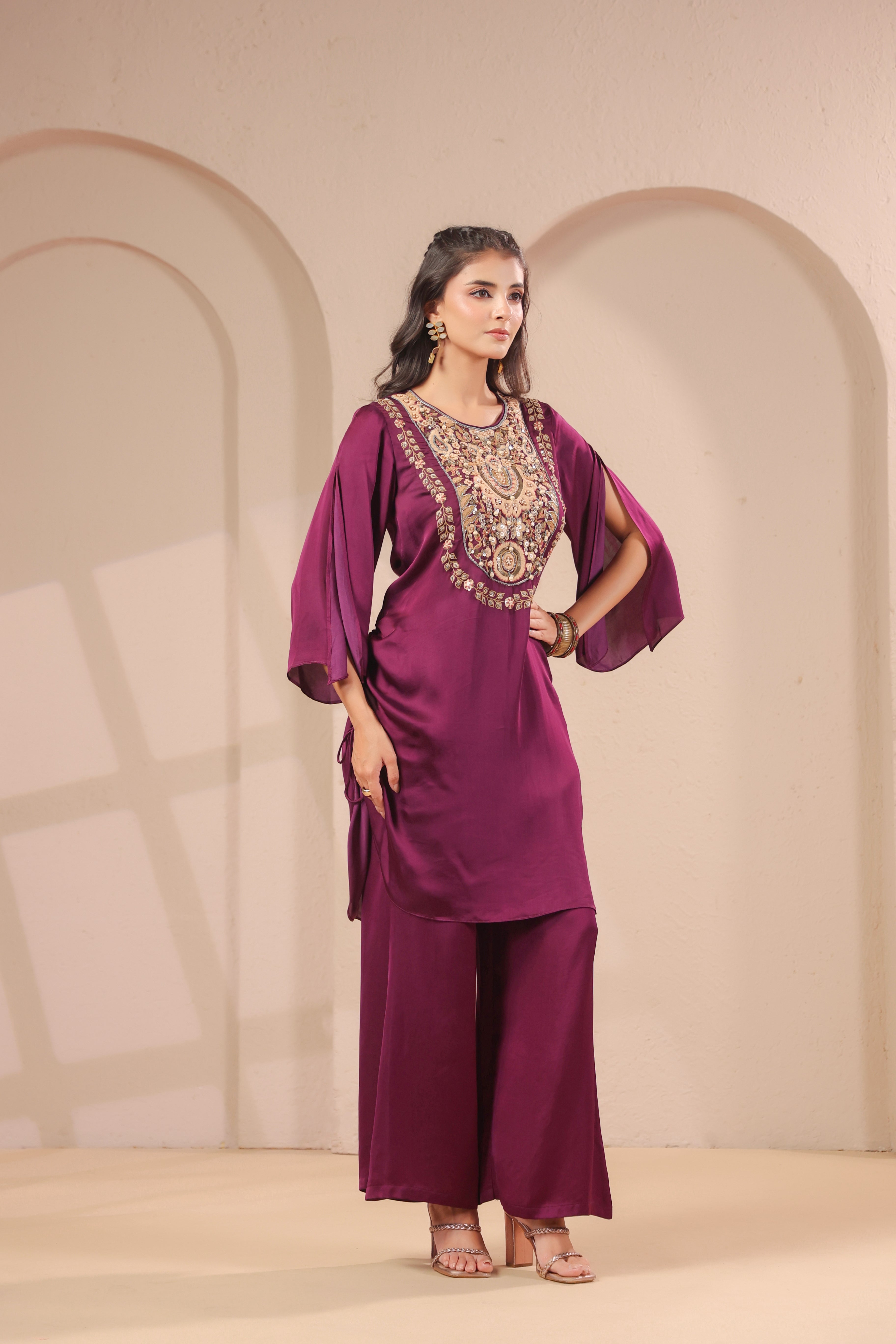 Wine Plum Embellished Modal Silk Palazzo Set