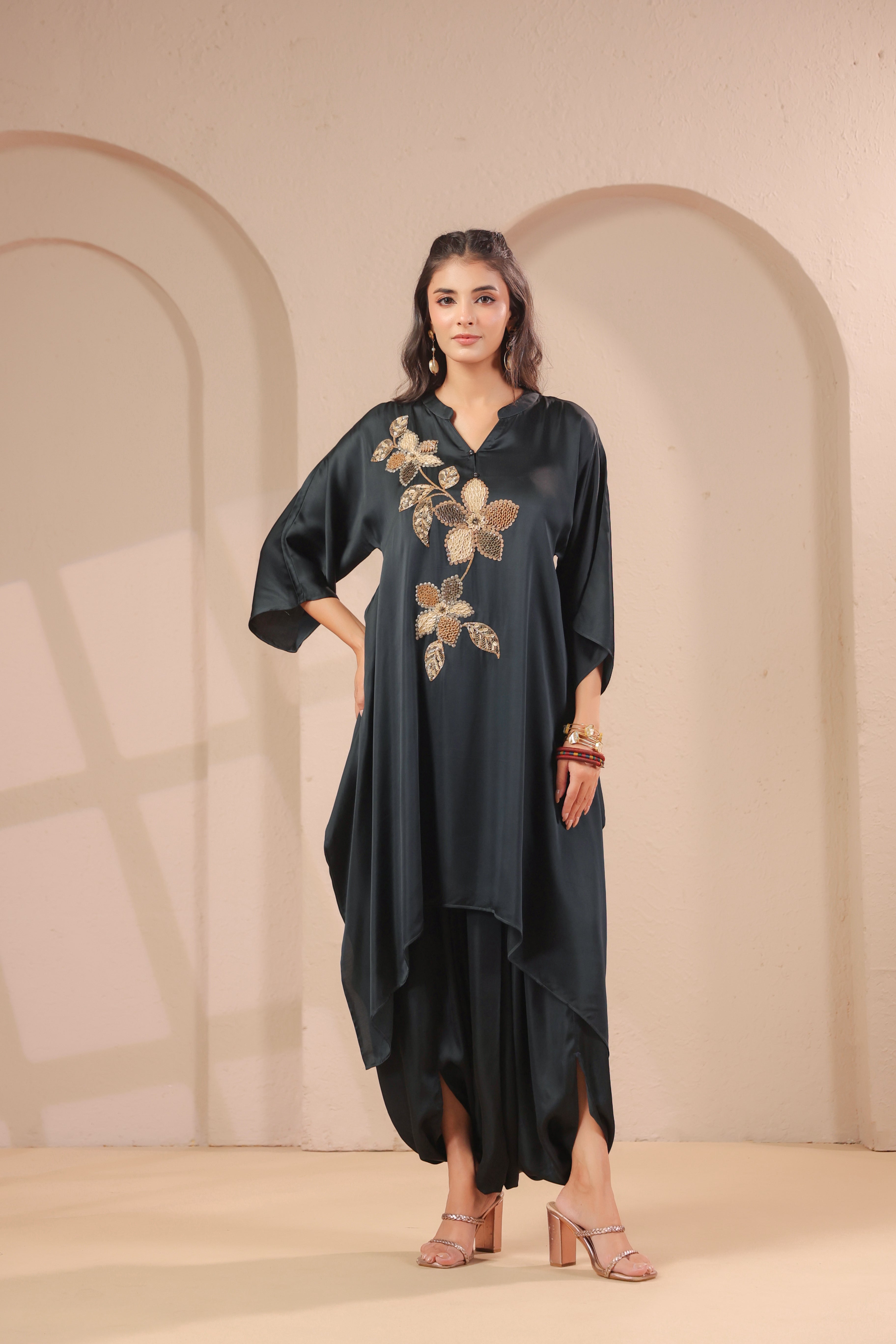 Charcoal Floral Embellished Modal Silk Dhoti Set