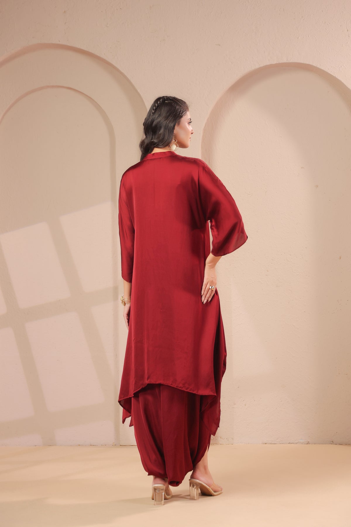 Burgundy Floral Embellished Modal Silk Dhoti Set
