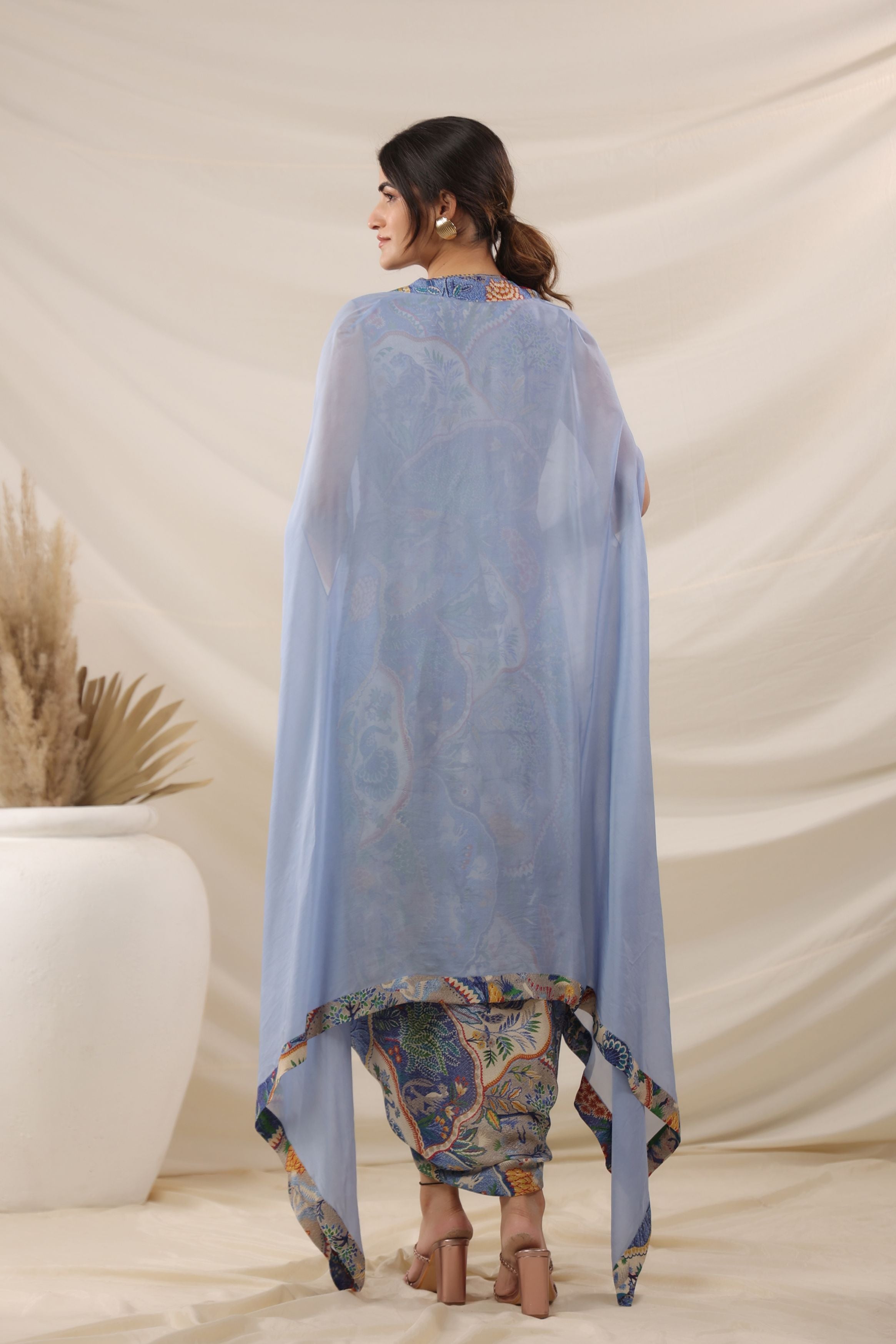 Sky Blue Ethnic Printed Crepe Silk Cape Gown