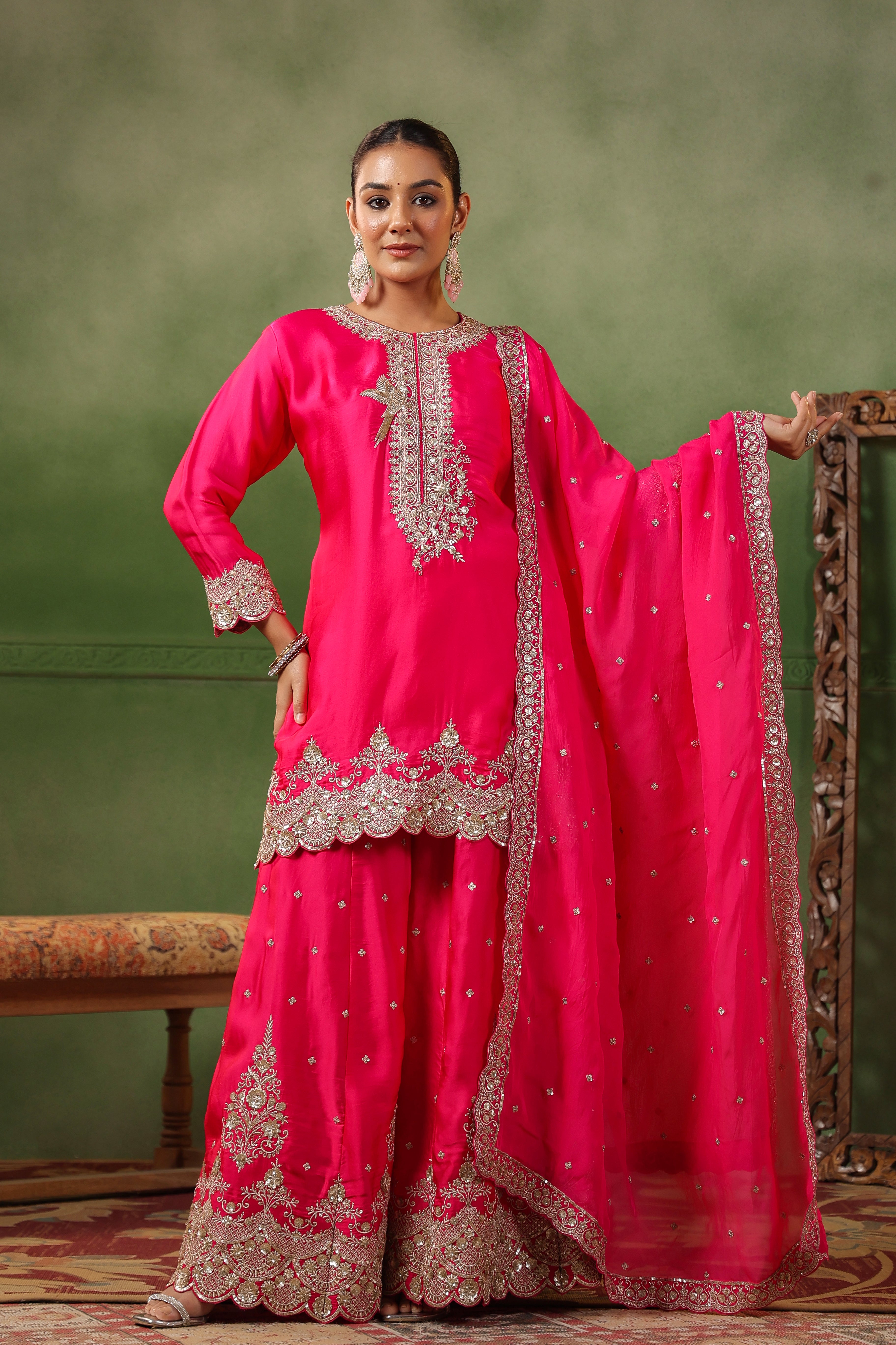 Raspberry Pink Embellished Satin Silk Sharara Set