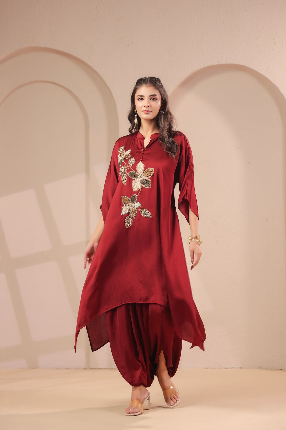 Burgundy Floral Embellished Modal Silk Dhoti Set