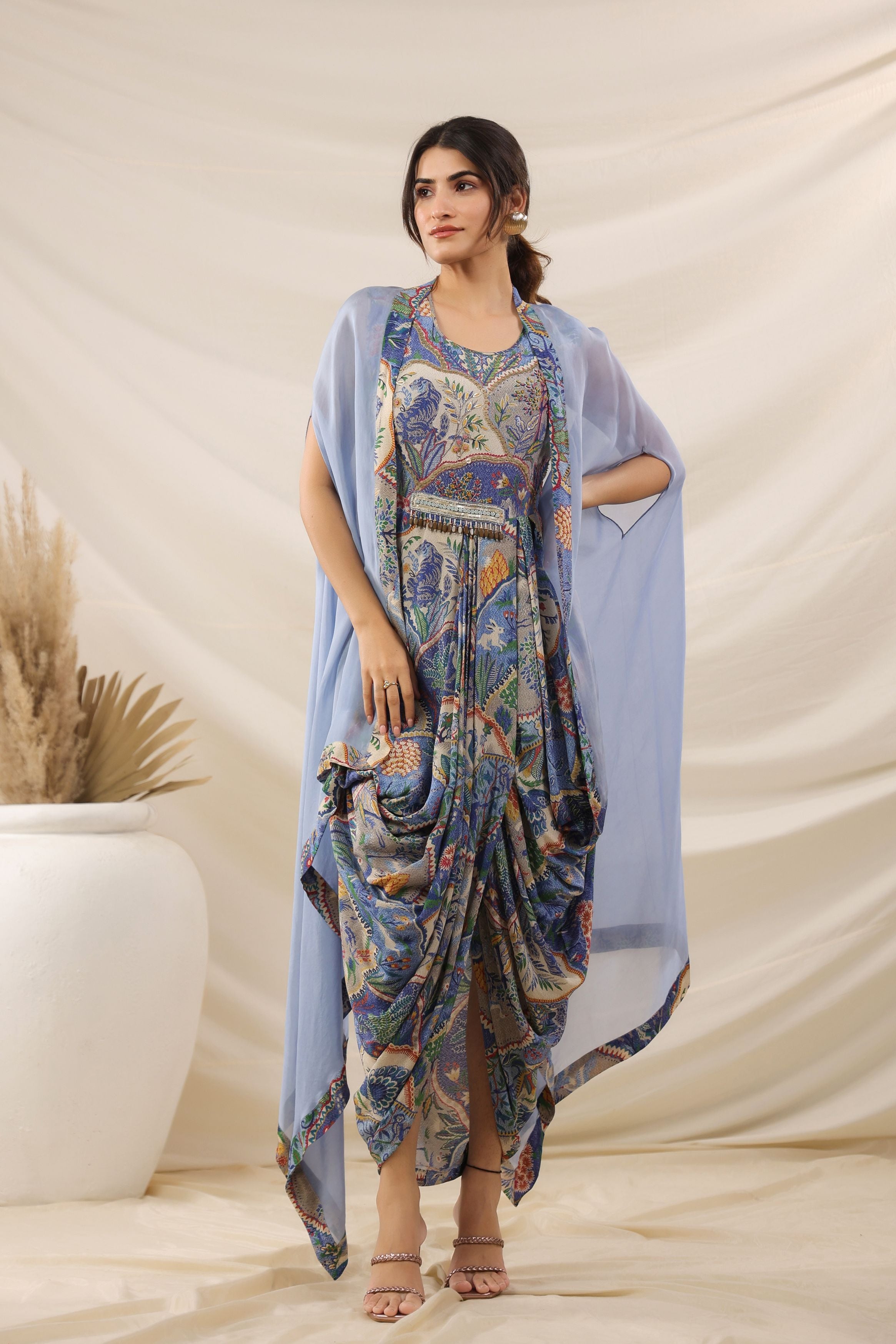 Sky Blue Ethnic Printed Crepe Silk Cape Gown