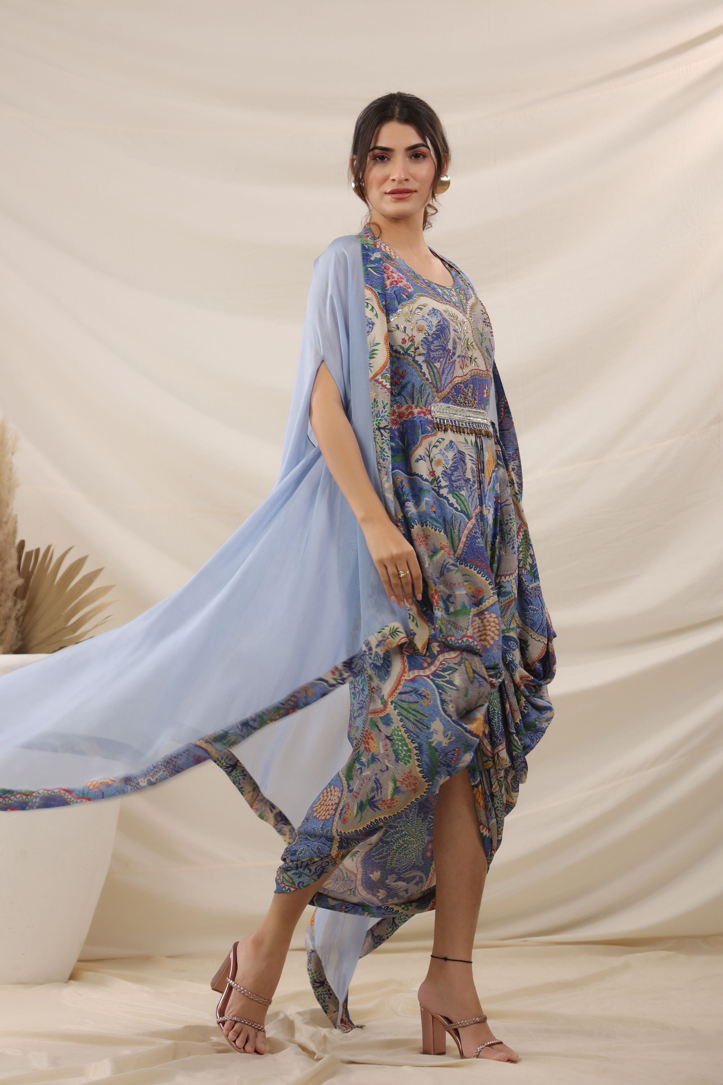 Sky Blue Ethnic Printed Crepe Silk Cape Gown