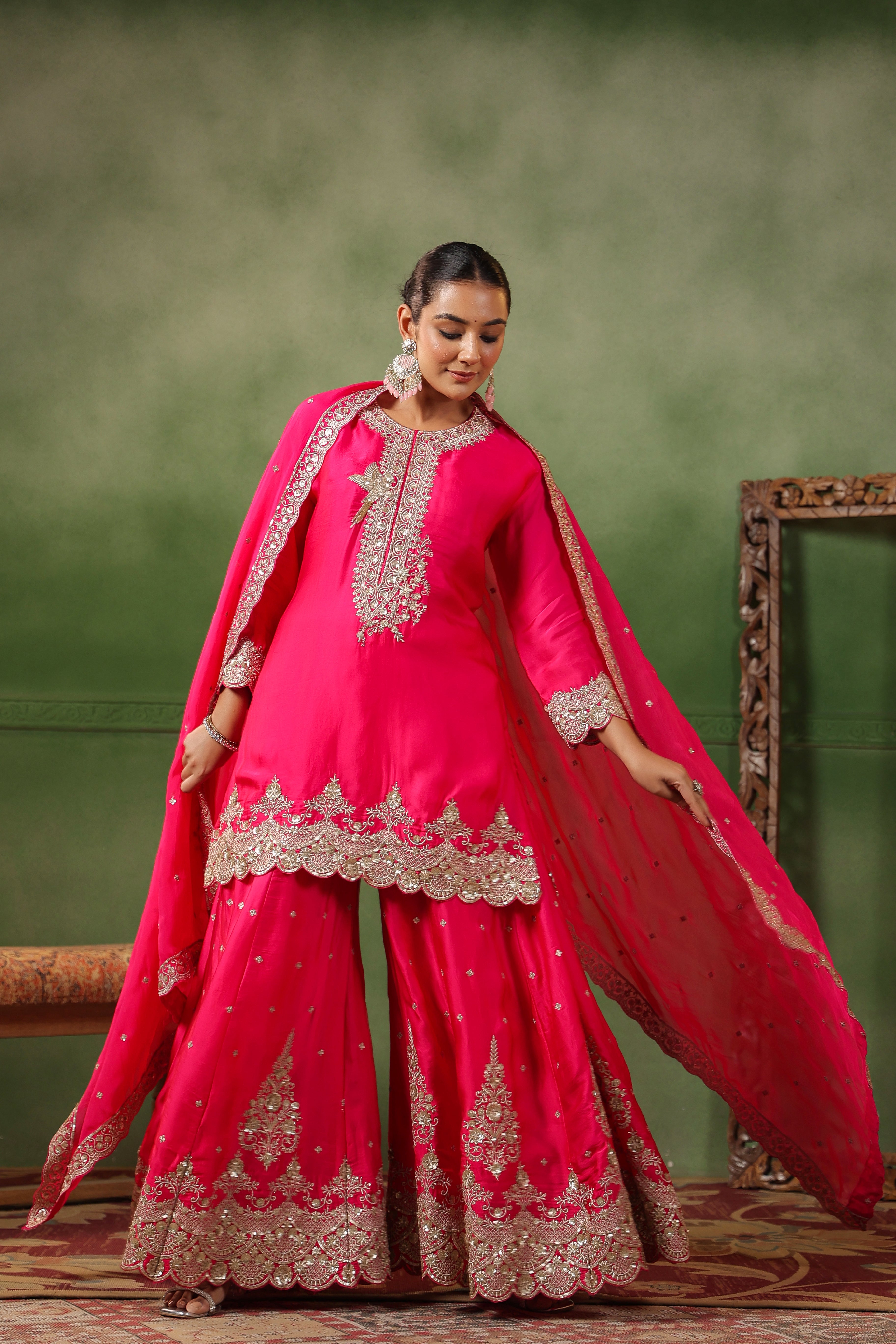 Raspberry Pink Embellished Satin Silk Sharara Set