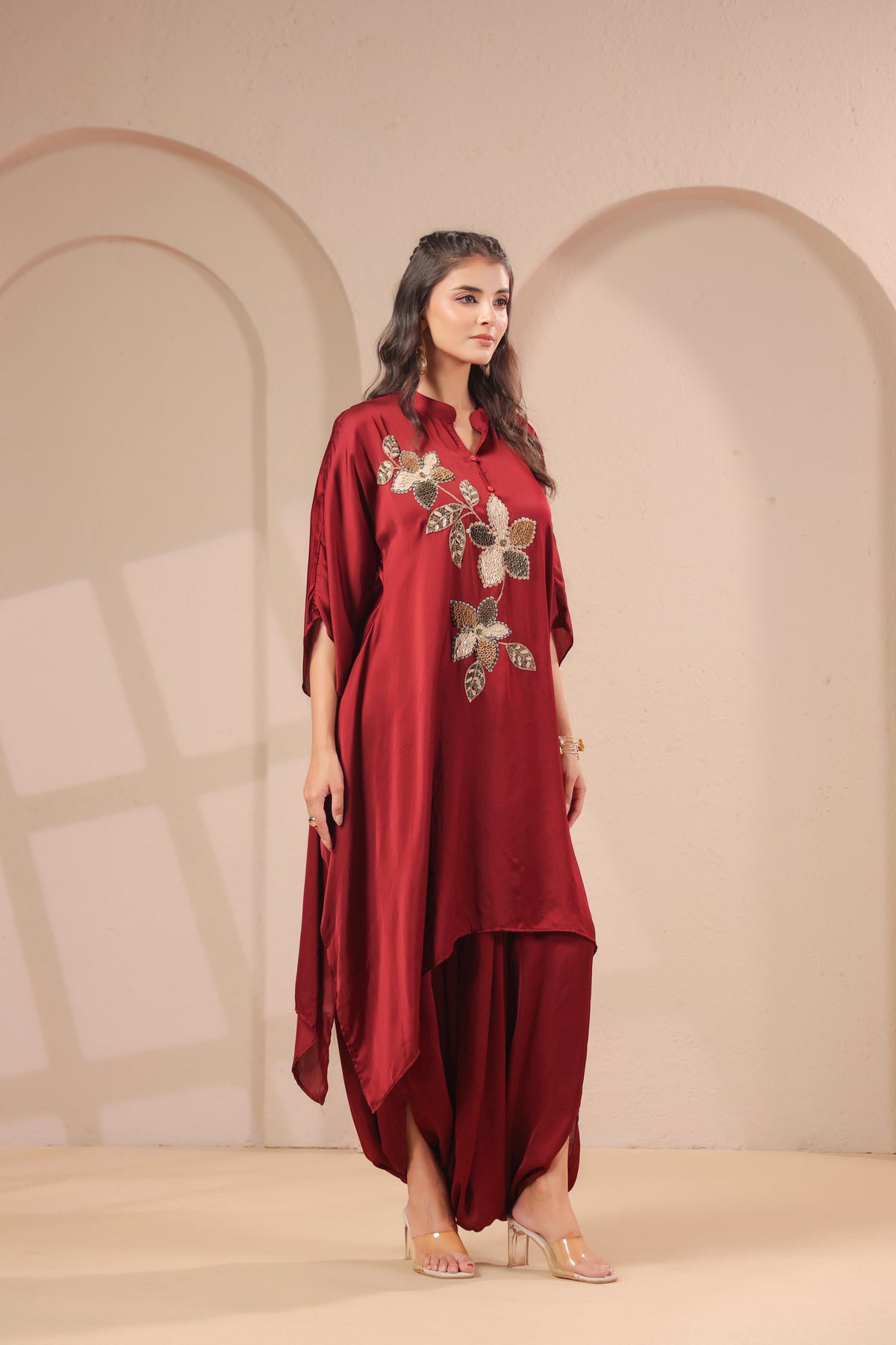 Burgundy Floral Embellished Modal Silk Dhoti Set