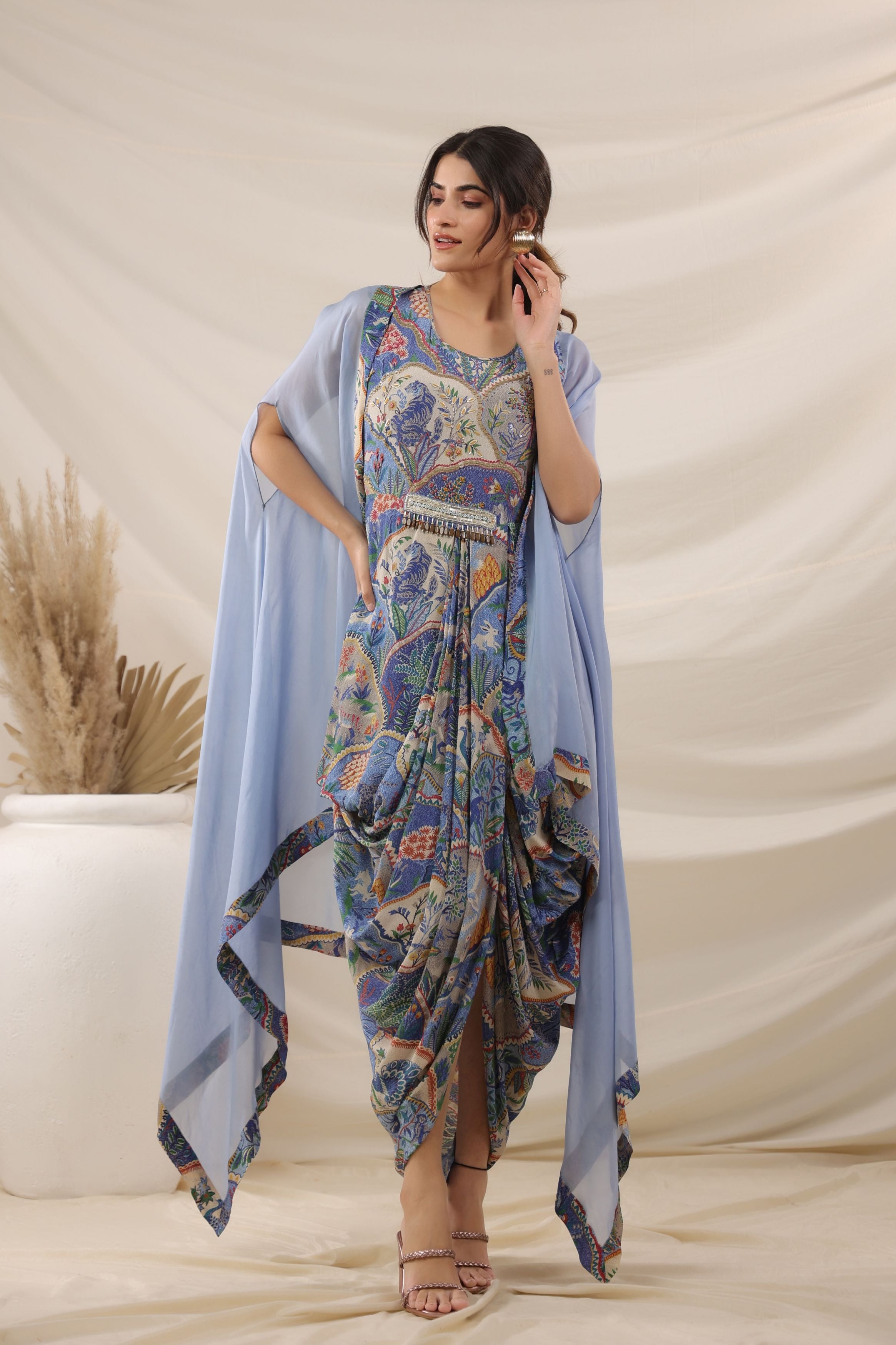 Sky Blue Ethnic Printed Crepe Silk Cape Gown