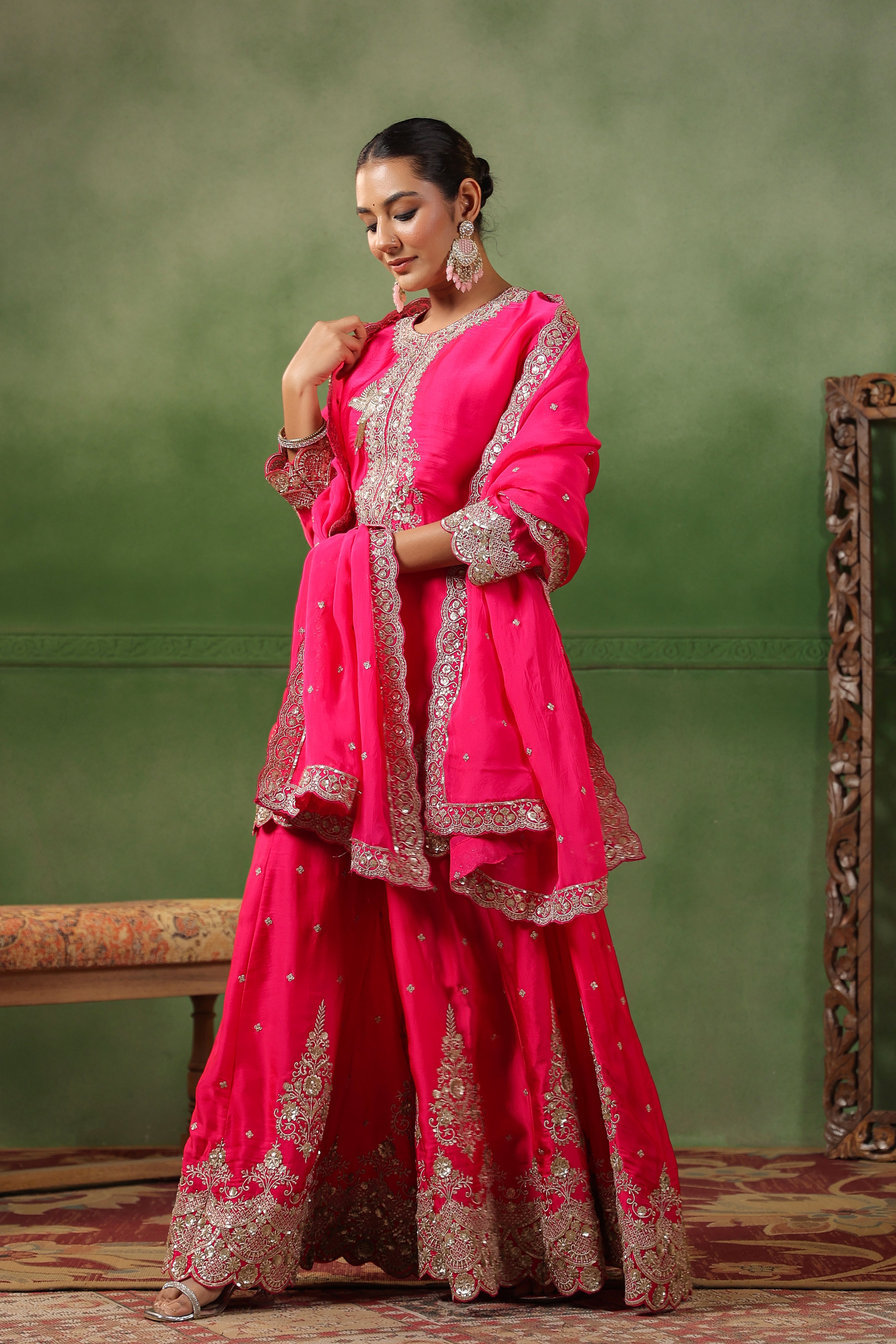 Raspberry Pink Embellished Satin Silk Sharara Set