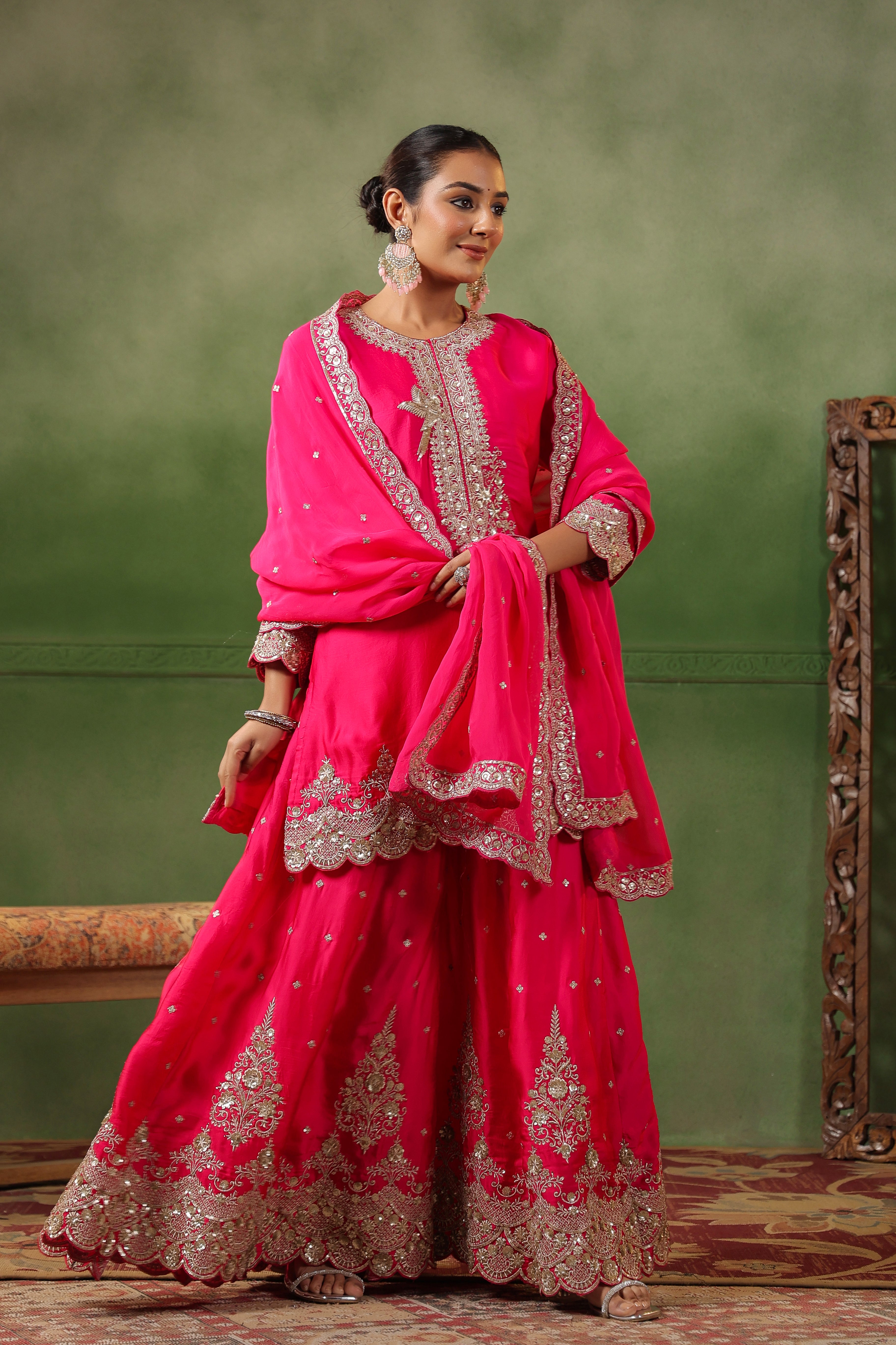 Raspberry Pink Embellished Satin Silk Sharara Set