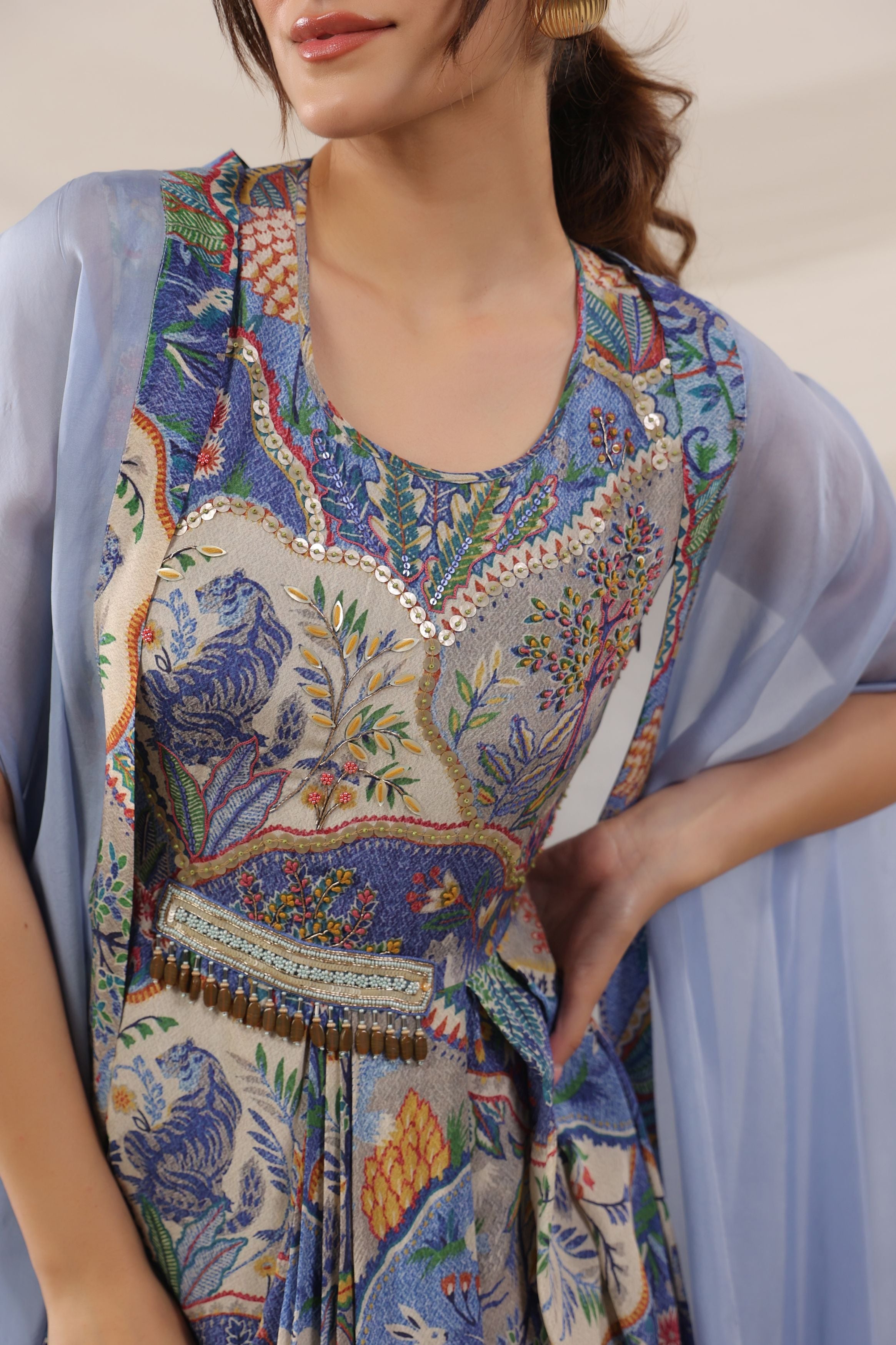 Sky Blue Ethnic Printed Crepe Silk Cape Gown