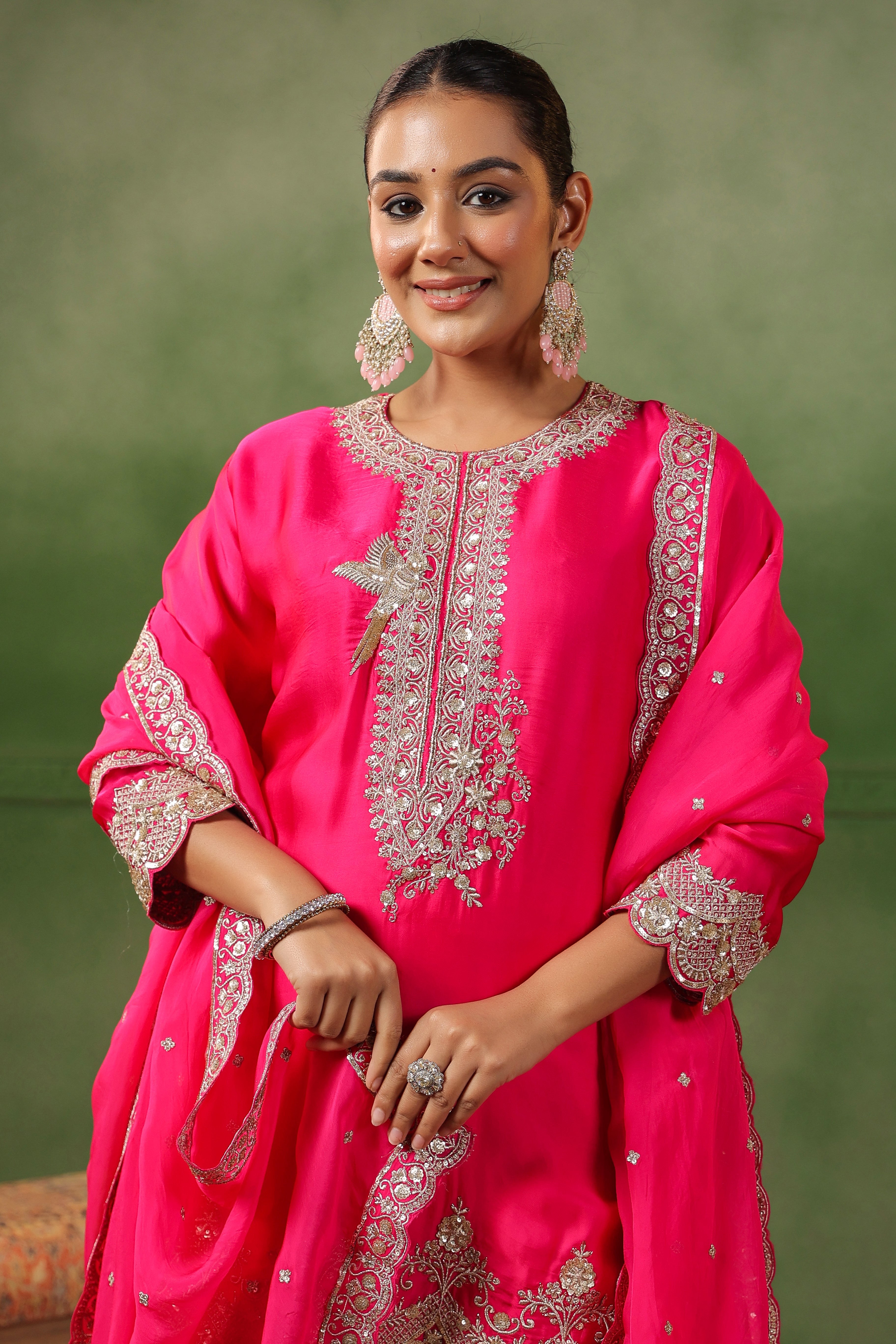 Raspberry Pink Embellished Satin Silk Sharara Set