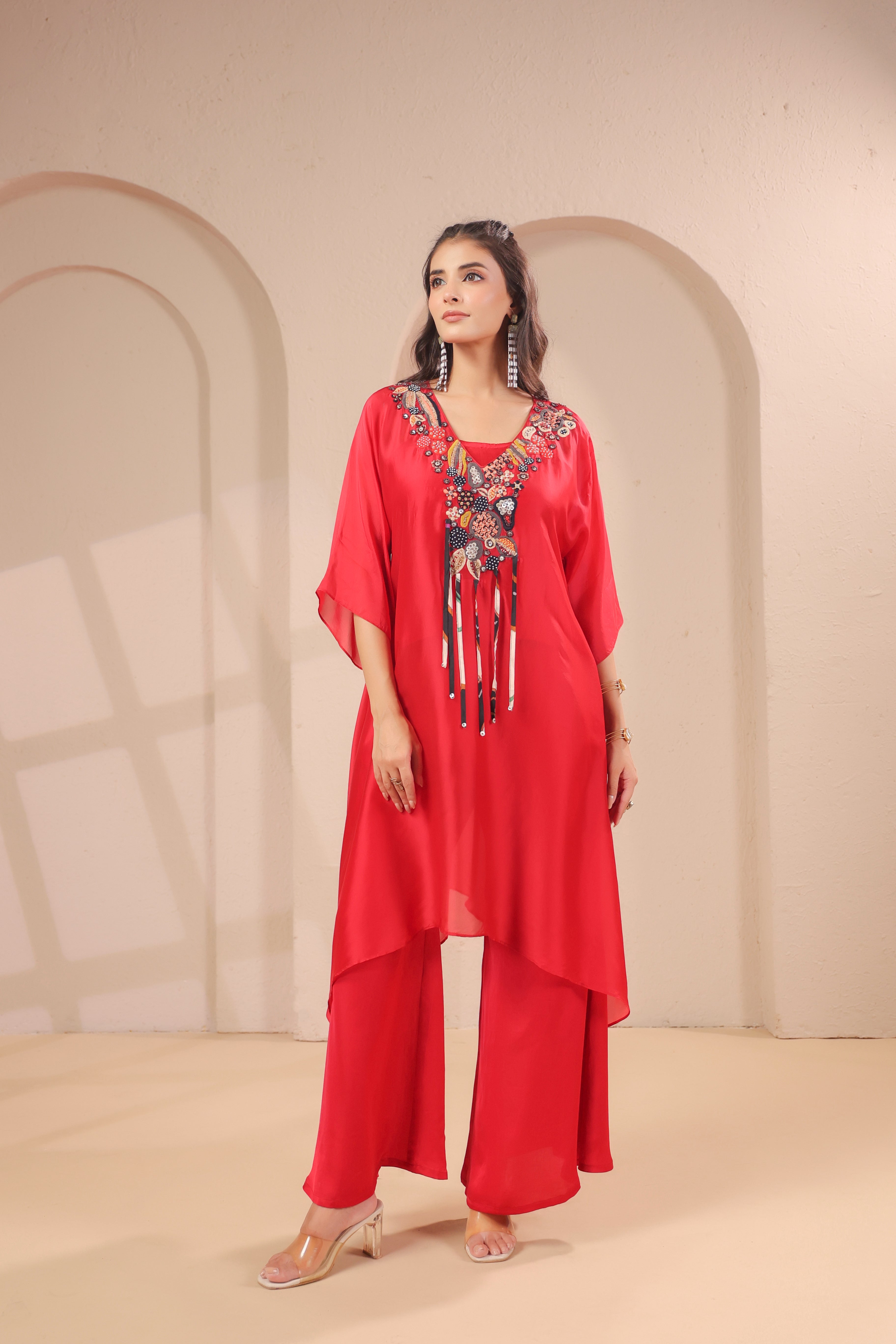 Crimson Red Embellished Crepe Silk Palazzo Set