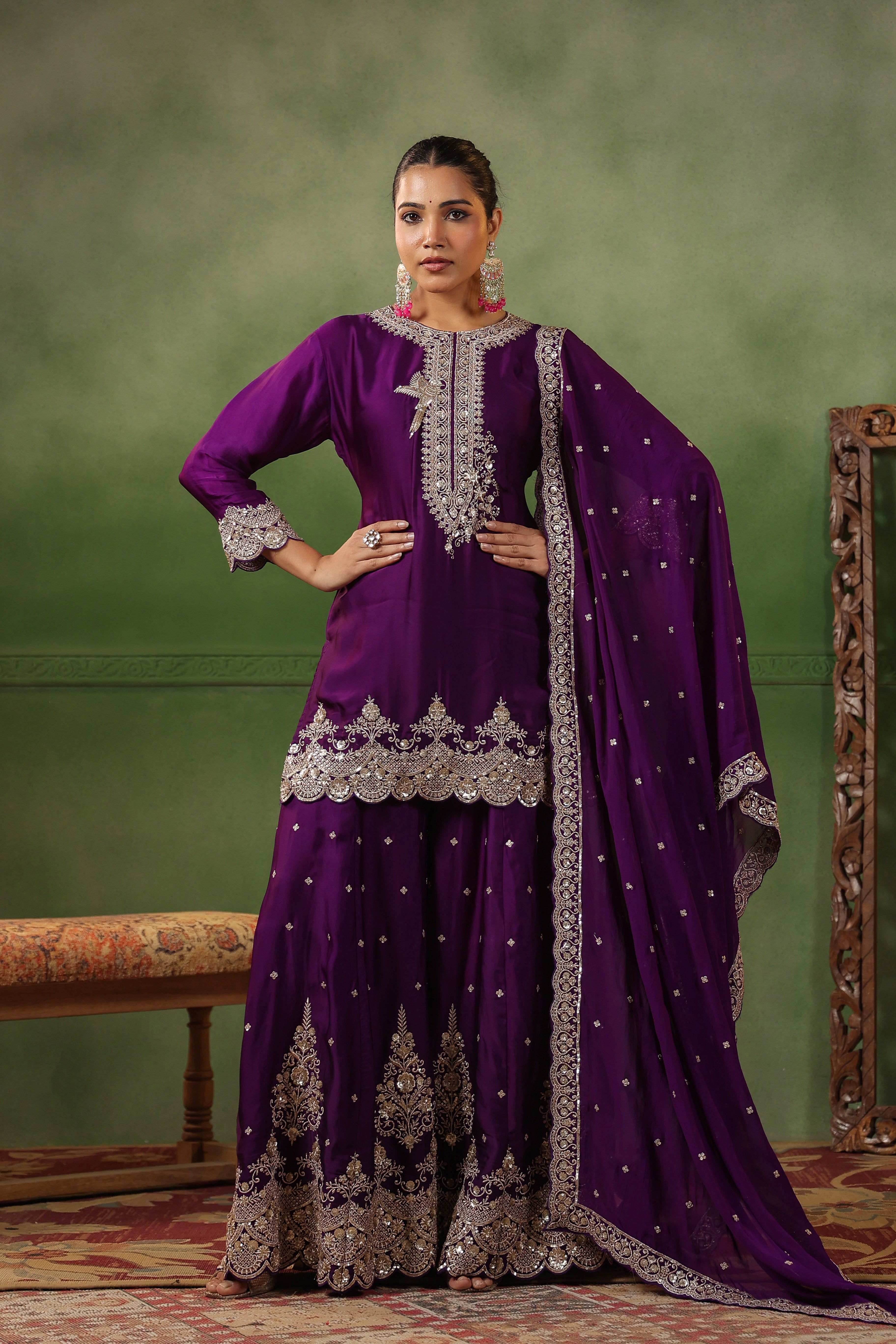 Plum Purple Embellished Satin Silk Sharara Set