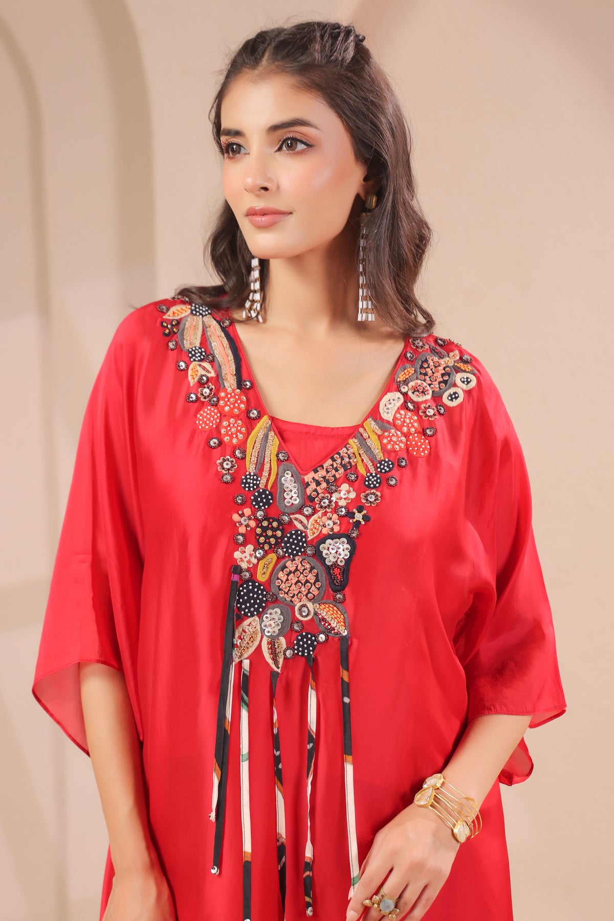 Crimson Red Embellished Crepe Silk Palazzo Set