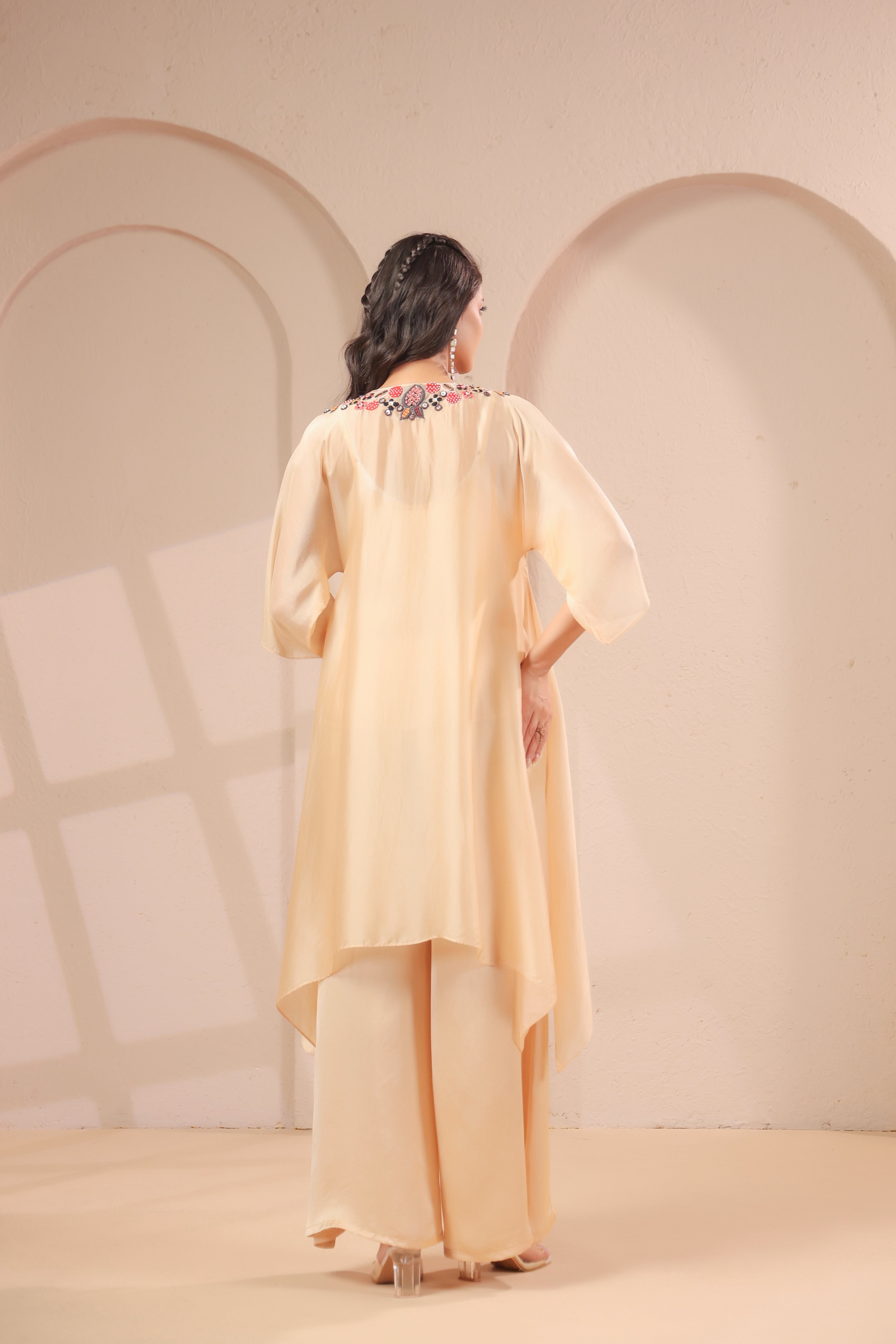 Soft Beige Embellished Crepe Silk Palazzo Set
