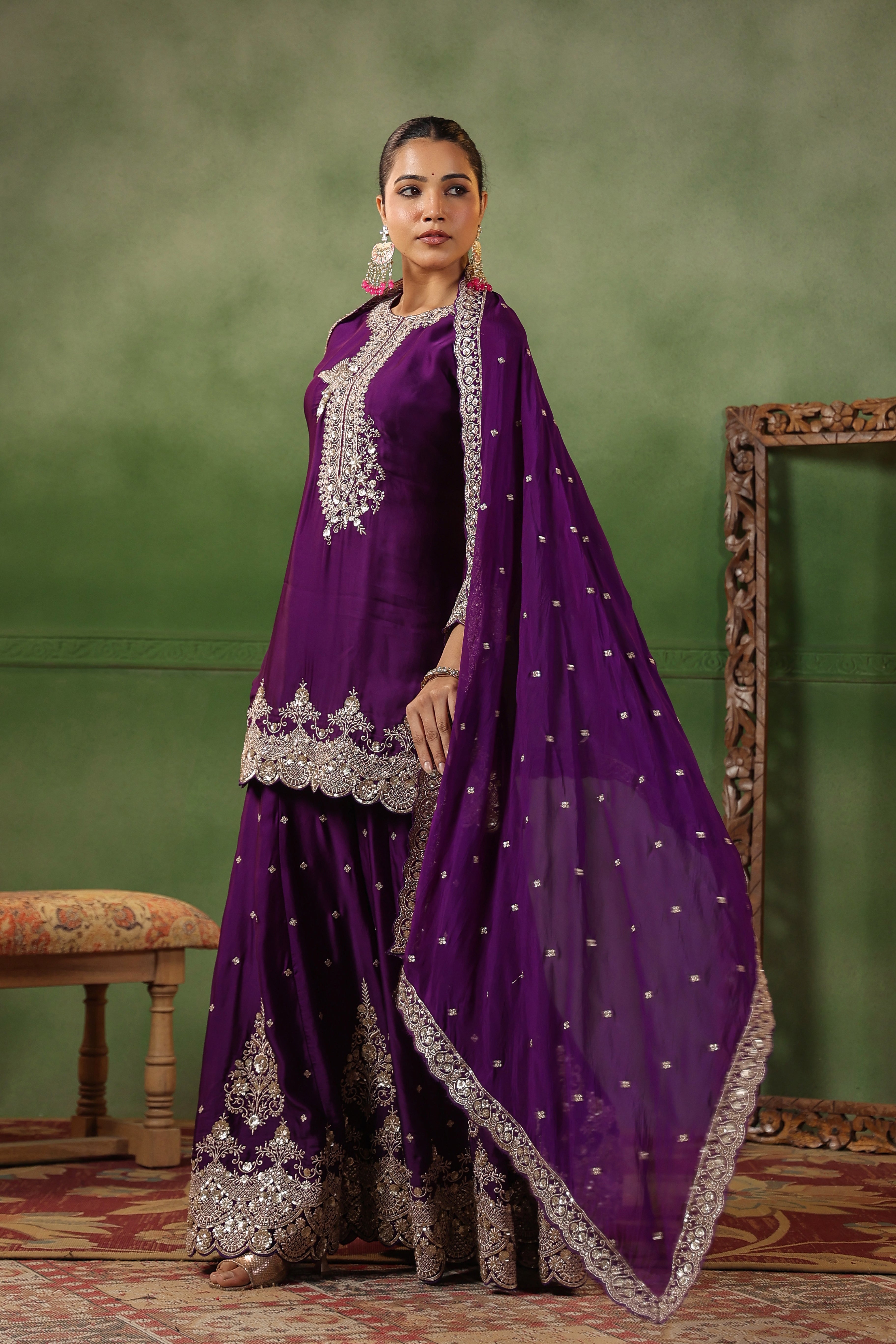 Plum Purple Embellished Satin Silk Sharara Set