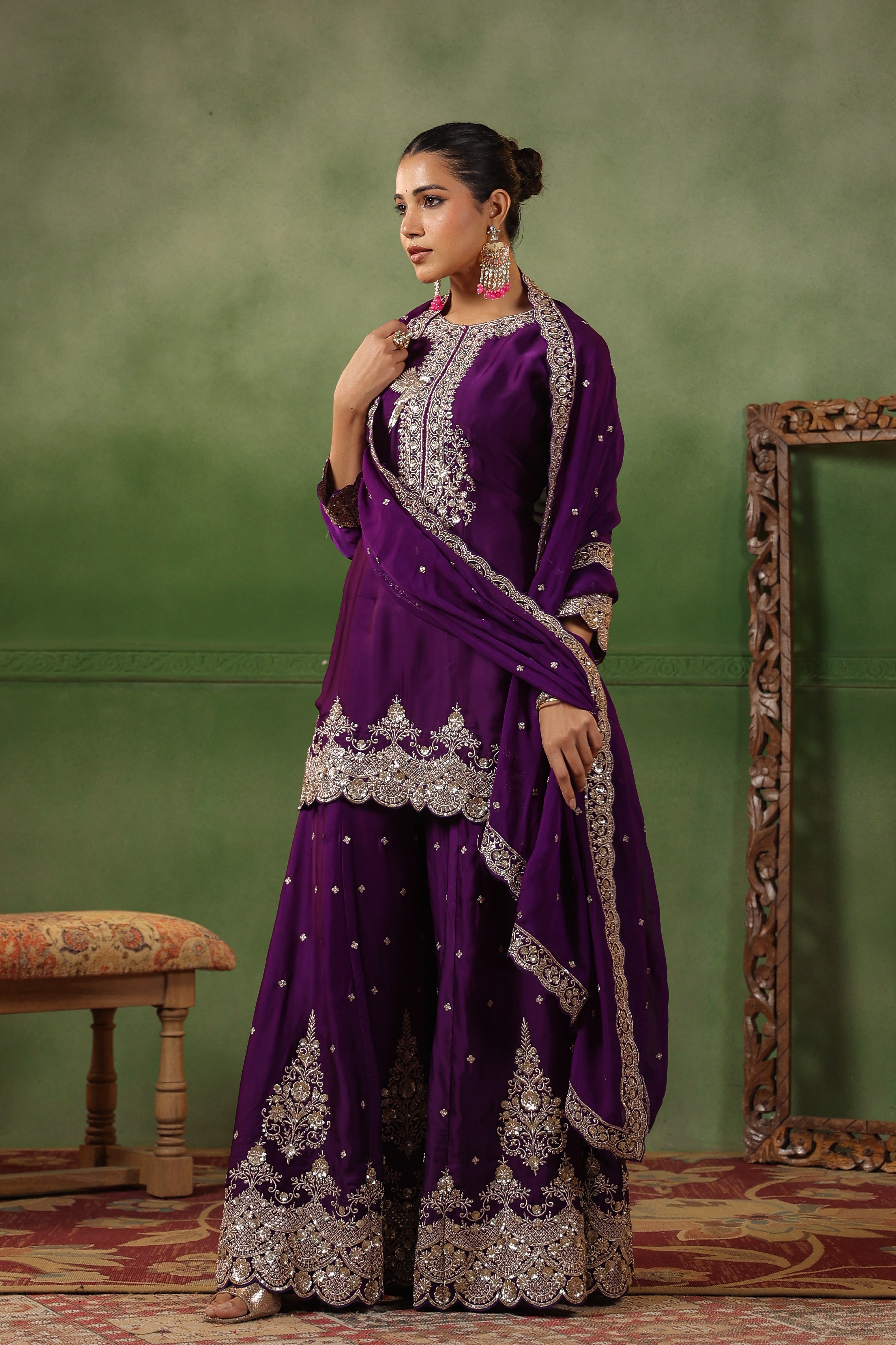 Plum Purple Embellished Satin Silk Sharara Set