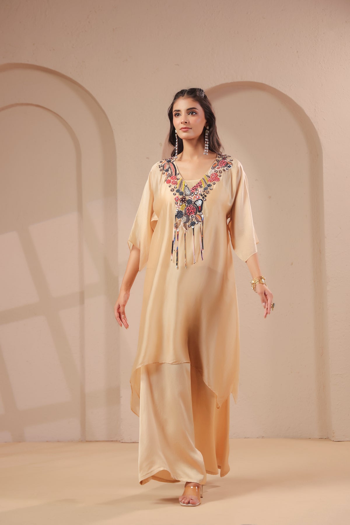 Soft Beige Embellished Crepe Silk Palazzo Set