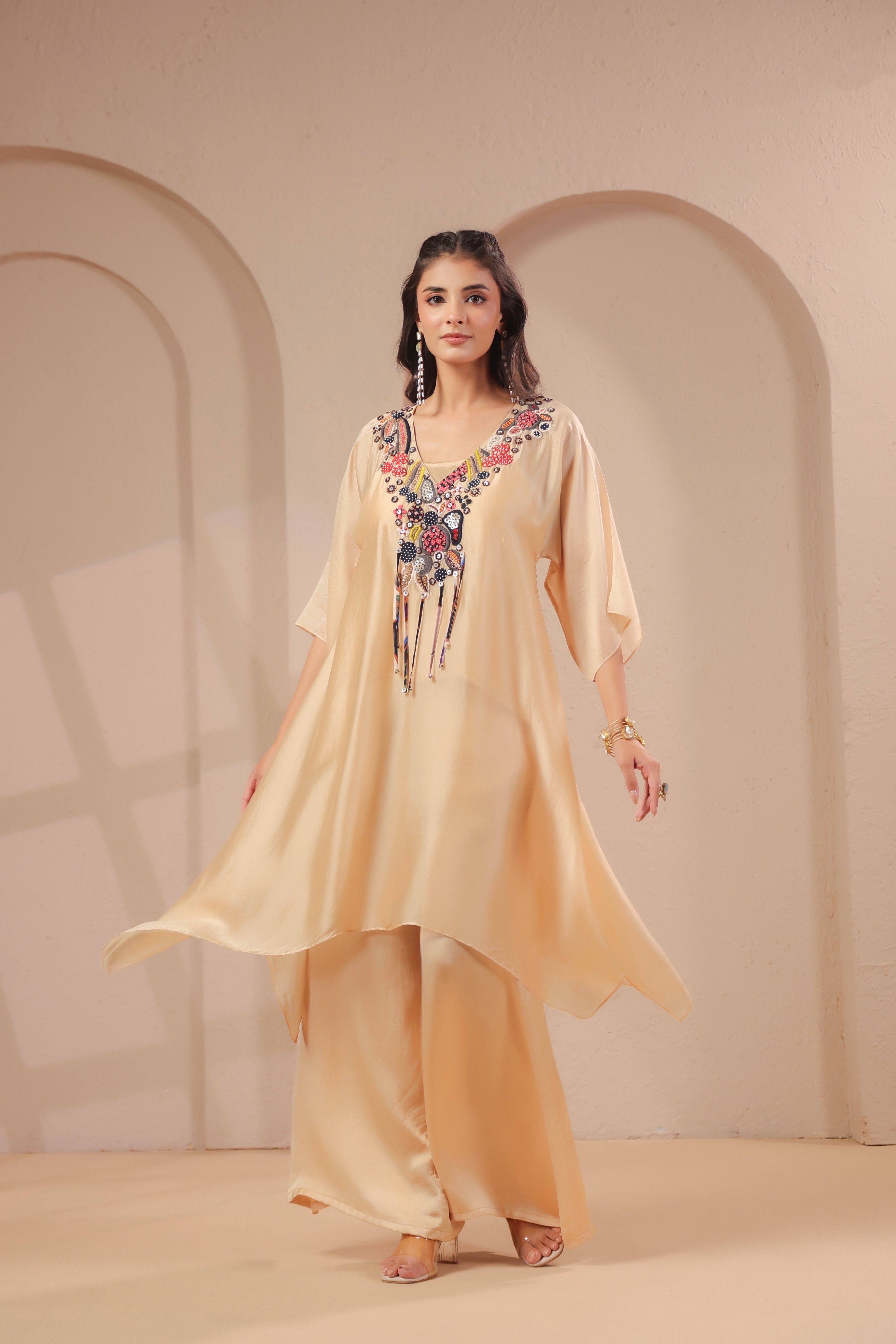 Soft Beige Embellished Crepe Silk Palazzo Set