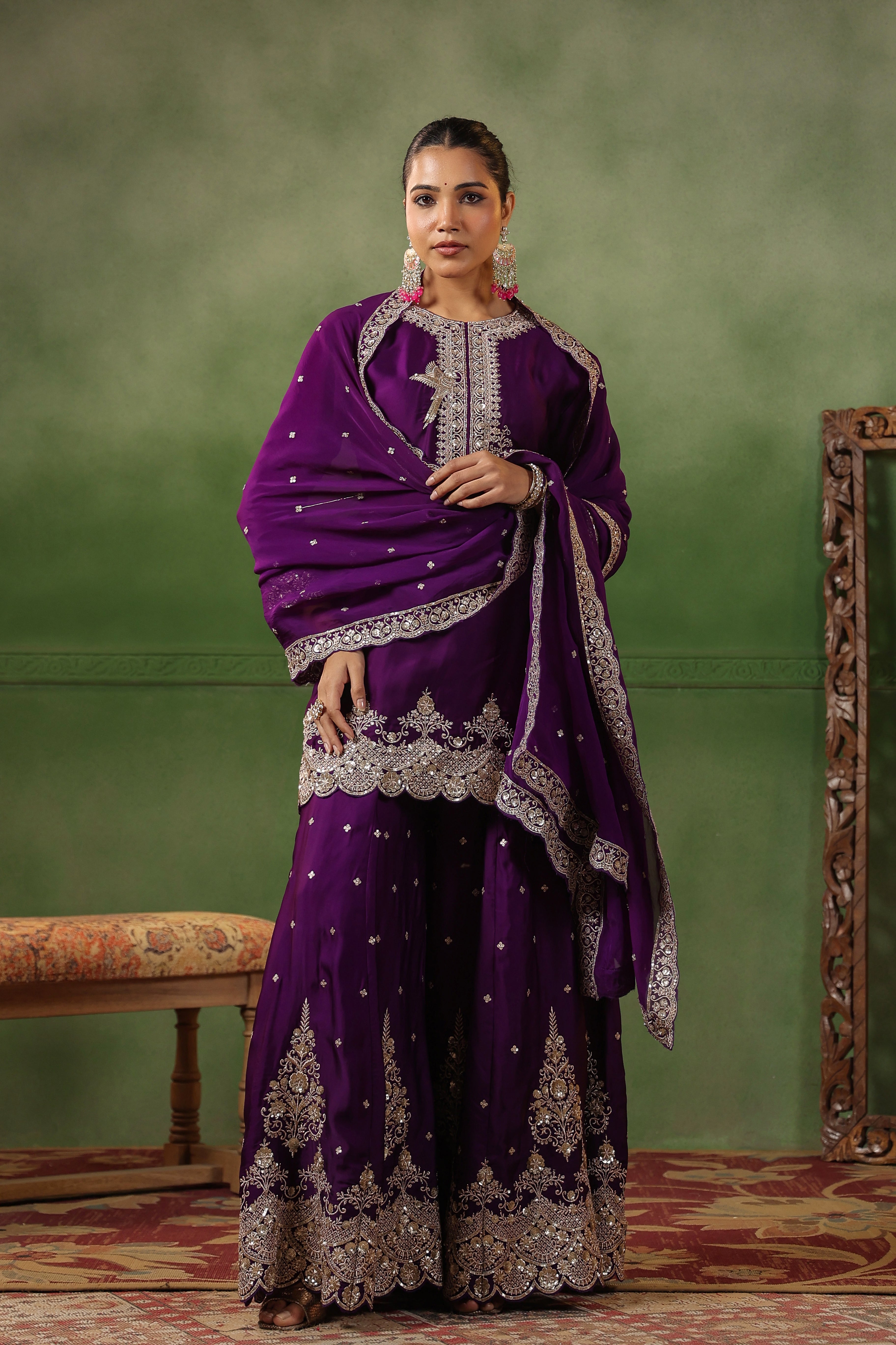 Plum Purple Embellished Satin Silk Sharara Set
