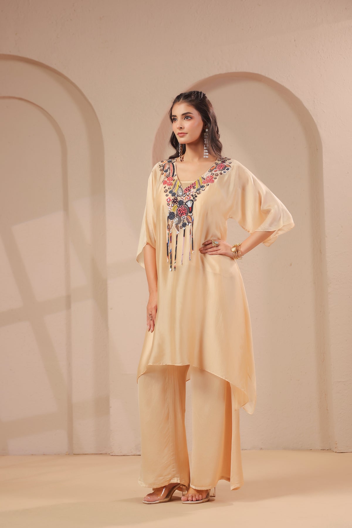 Soft Beige Embellished Crepe Silk Palazzo Set