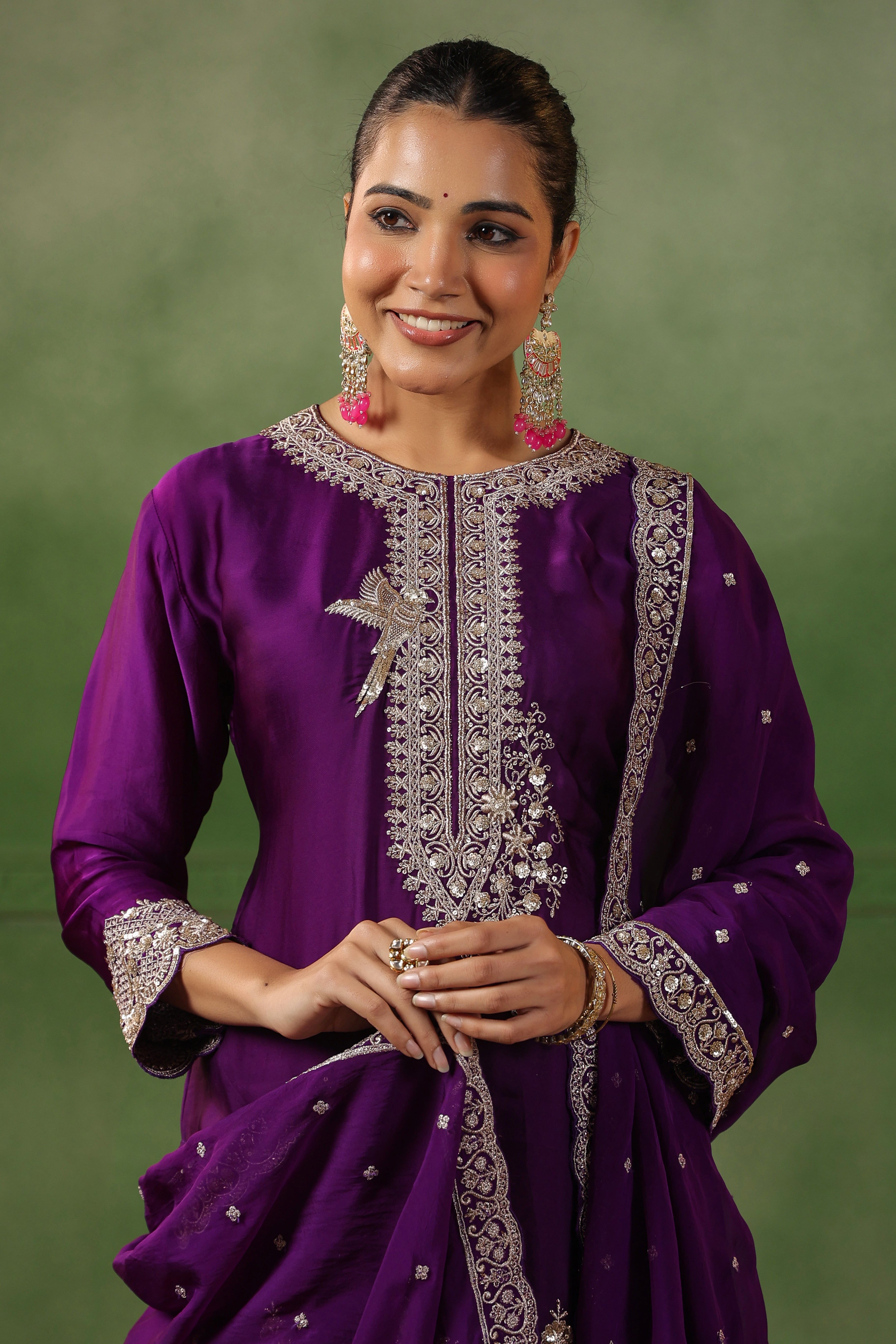 Plum Purple Embellished Satin Silk Sharara Set