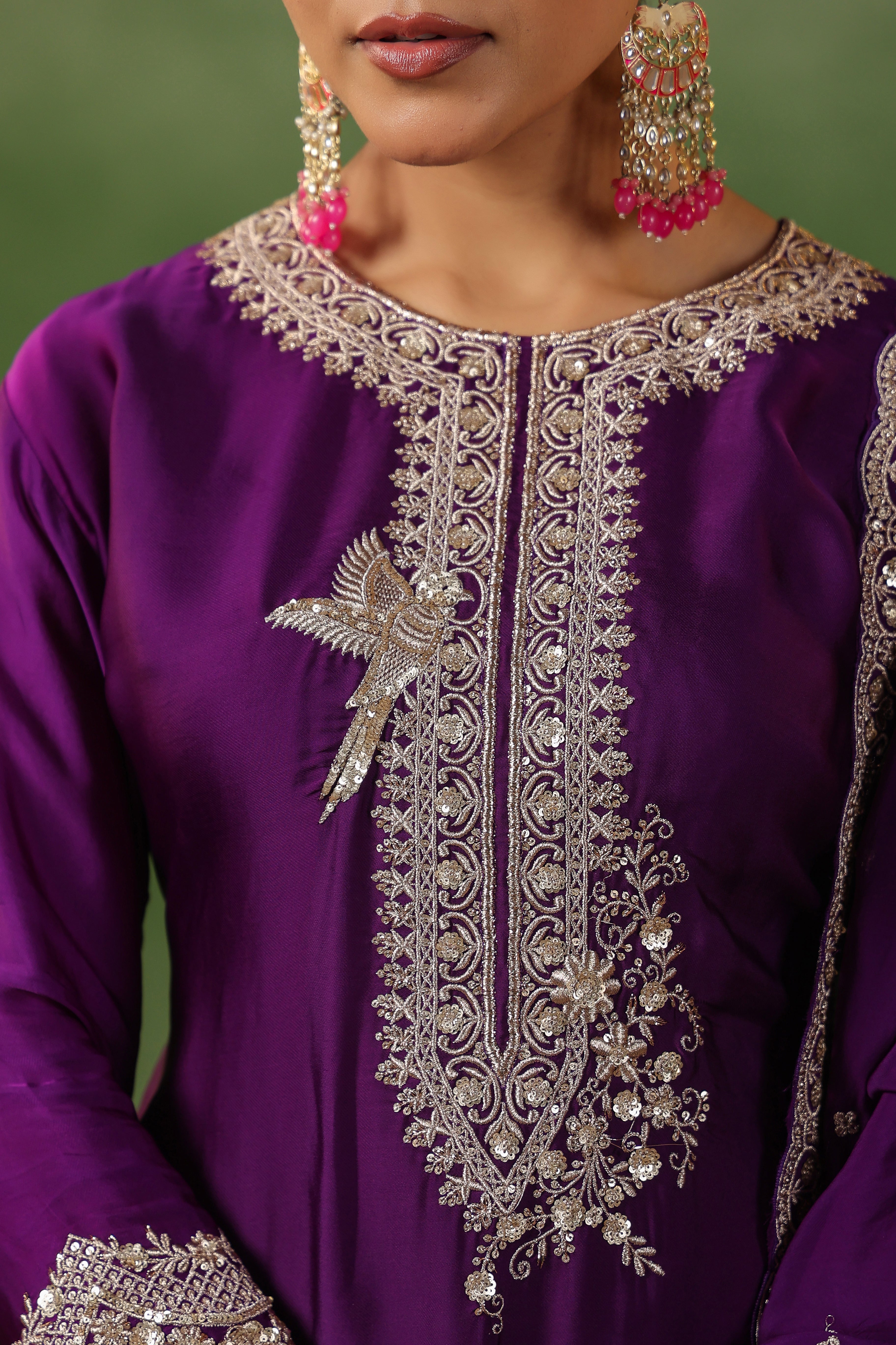 Plum Purple Embellished Satin Silk Sharara Set