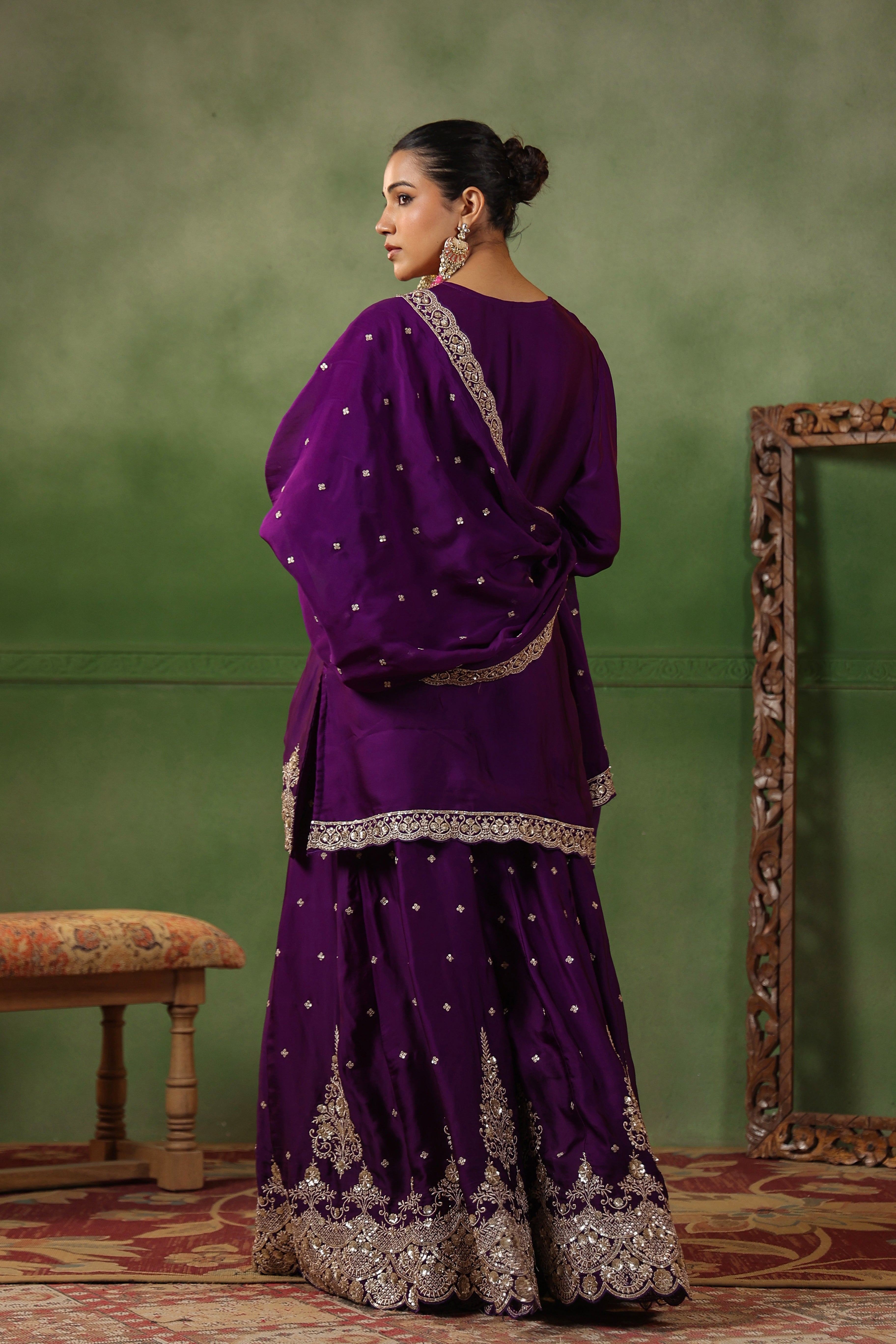 Plum Purple Embellished Satin Silk Sharara Set