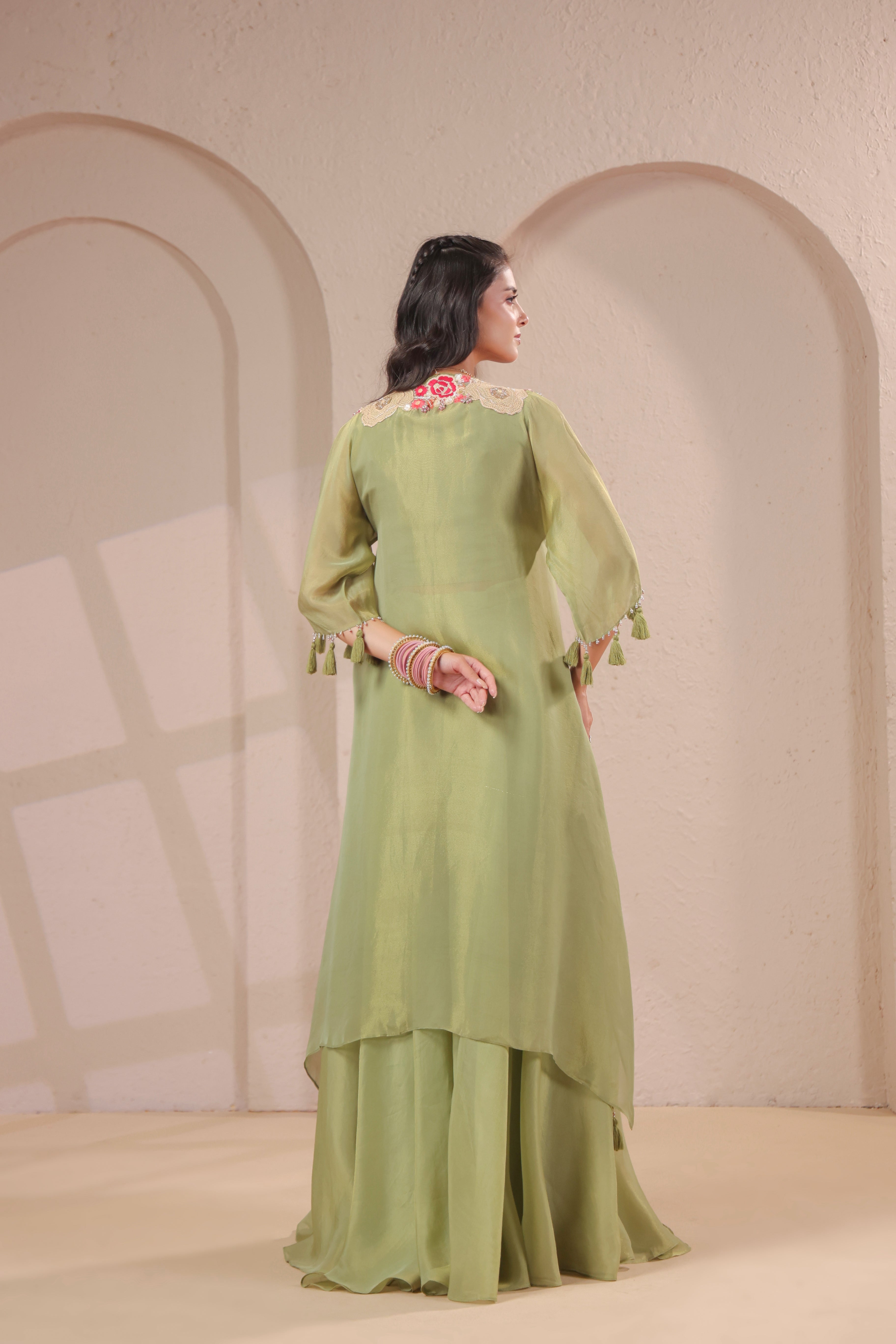 Sage Embellished Shimmer Organza Silk Palazzo Set